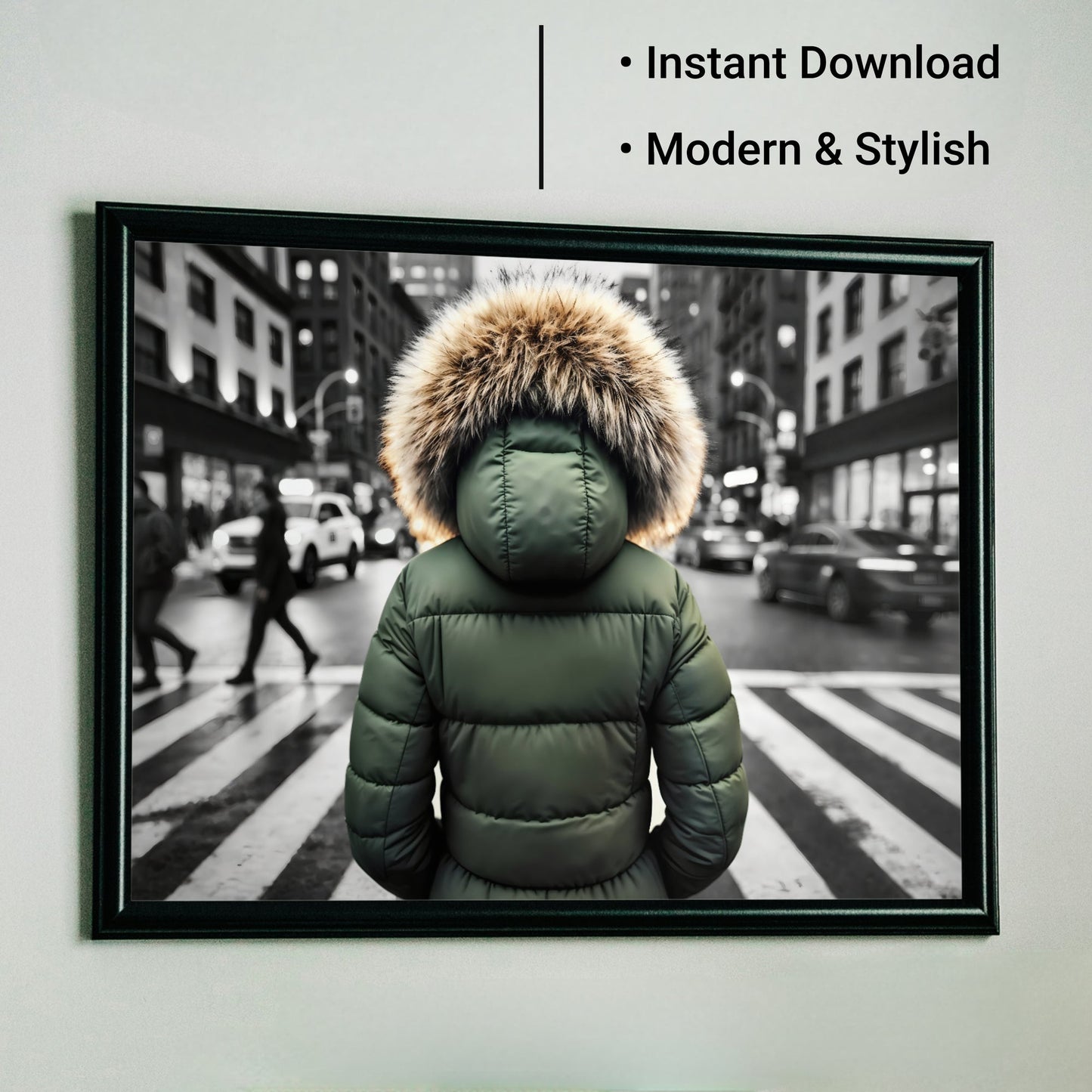 Green Puffer Jacket in Urban City Crossing - Arts To GloryGreen Puffer Jacket in Urban City CrossingDigital Wall ArtArts To GloryInstant download of a cityscape artwork with a figure in a green coat, capturing hustle and bustle.