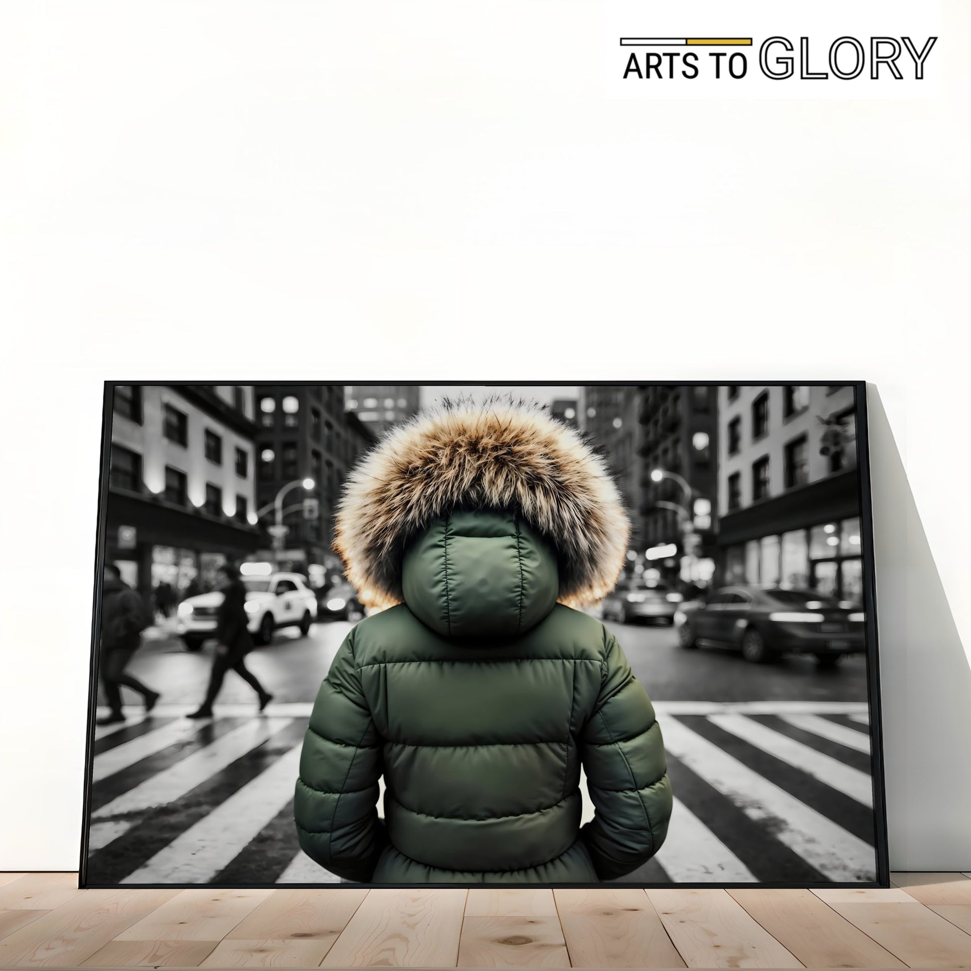 Green Puffer Jacket in Urban City Crossing - Arts To GloryGreen Puffer Jacket in Urban City CrossingDigital Wall ArtArts To GloryCity street photography - inspired print featuring a green jacket that pops against grey tones.