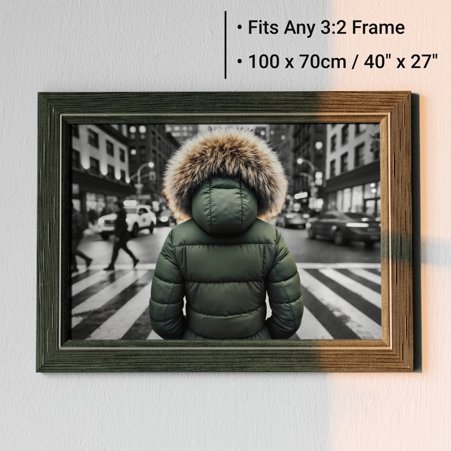 Green Puffer Jacket in Urban City Crossing - Arts To GloryGreen Puffer Jacket in Urban City CrossingDigital Wall ArtArts To GloryStriking monochrome backdrop highlighting a green puffer jacket as the central figure, fits a 3:2 frame ratio.