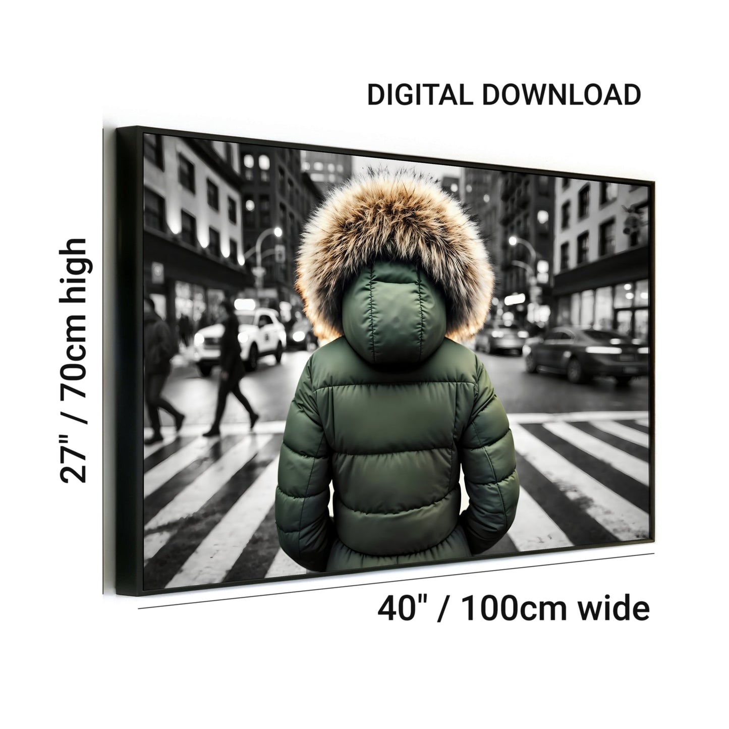 Green Puffer Jacket in Urban City Crossing - Arts To GloryGreen Puffer Jacket in Urban City CrossingDigital Wall ArtArts To GloryDigital Download. Person seen from behind wearing a fur - trimmed jacket, standing in a busy city crossing, 40in x 27in.