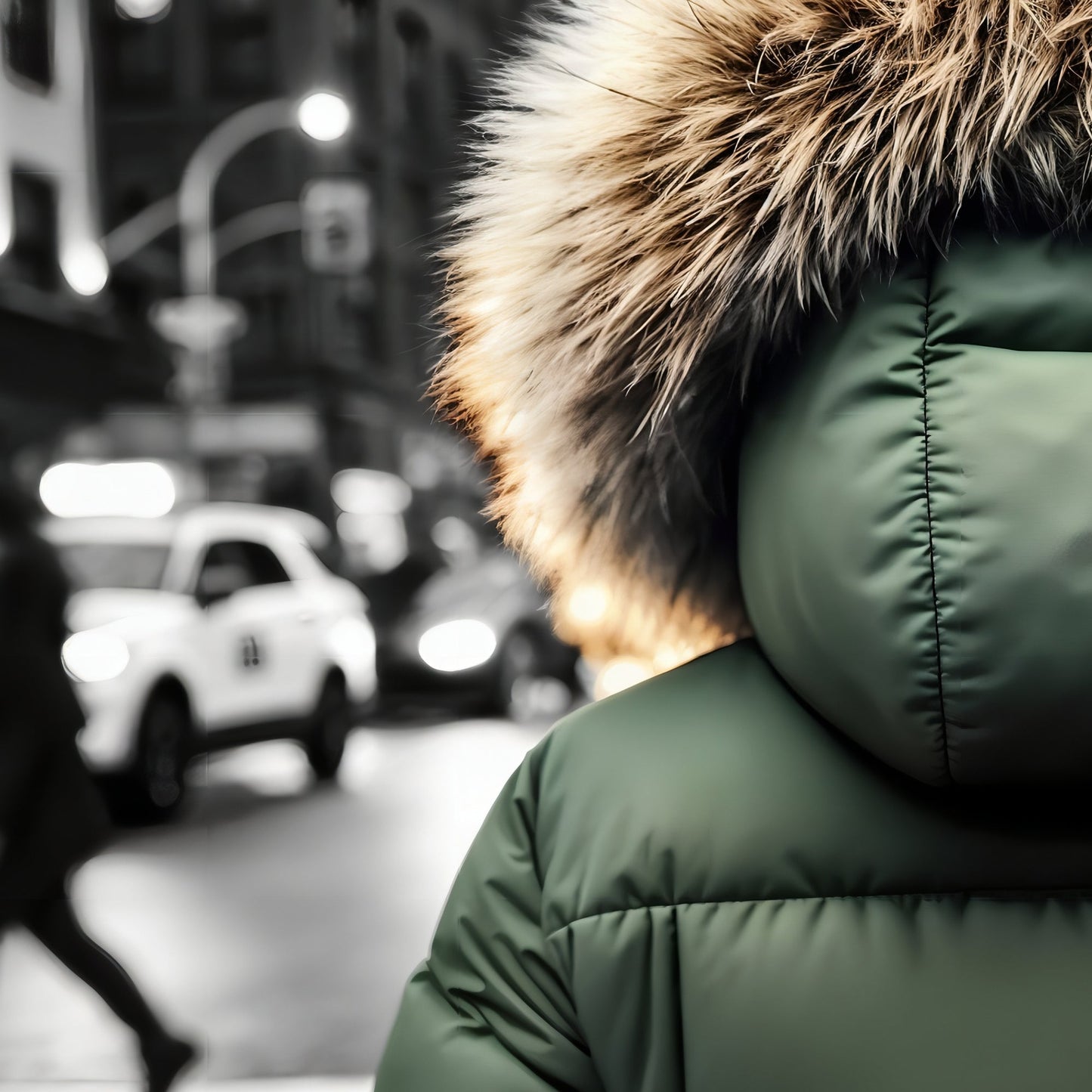 Green Puffer Jacket in Urban City Crossing - Arts To GloryGreen Puffer Jacket in Urban City CrossingDigital Wall ArtArts To GloryClose - up of a fur - lined hood in a dynamic urban environment, emphasising texture and contrast.