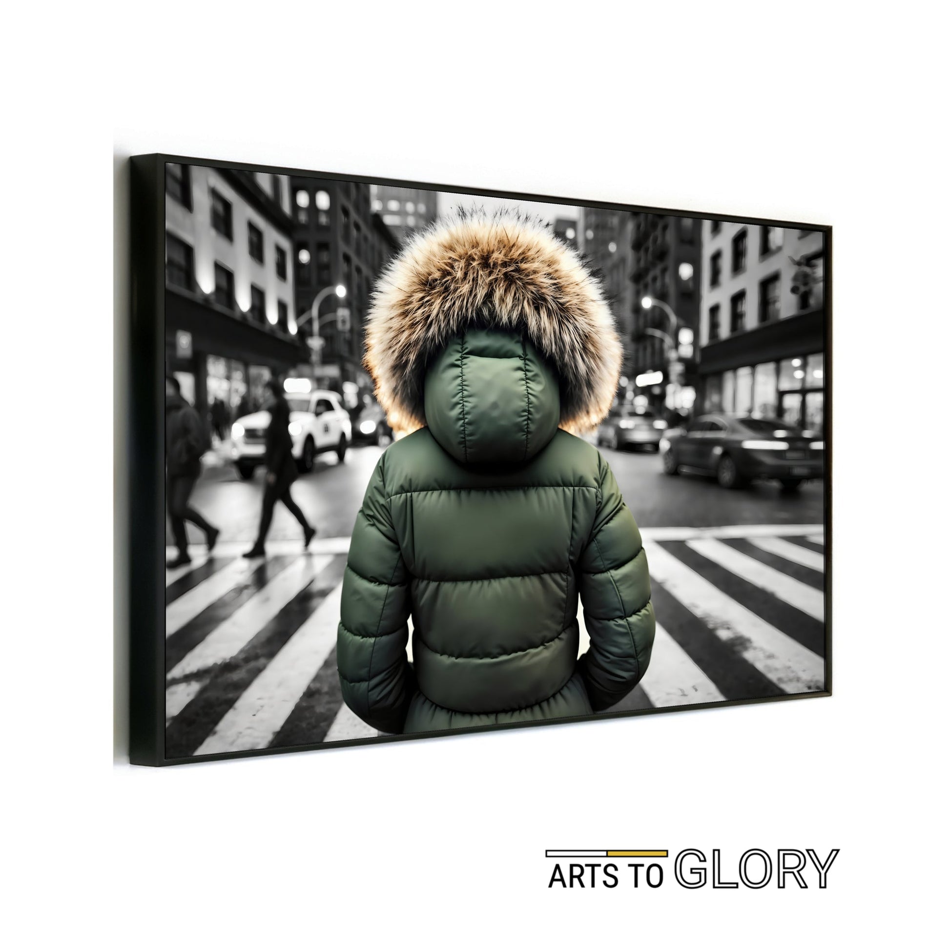 Green Puffer Jacket in Urban City Crossing - Arts To GloryGreen Puffer Jacket in Urban City CrossingDigital Wall ArtArts To GloryDigital artwork of a person wearing a green puffer jacket with fur hood in a monochrome city crosswalk, 100x70cm.