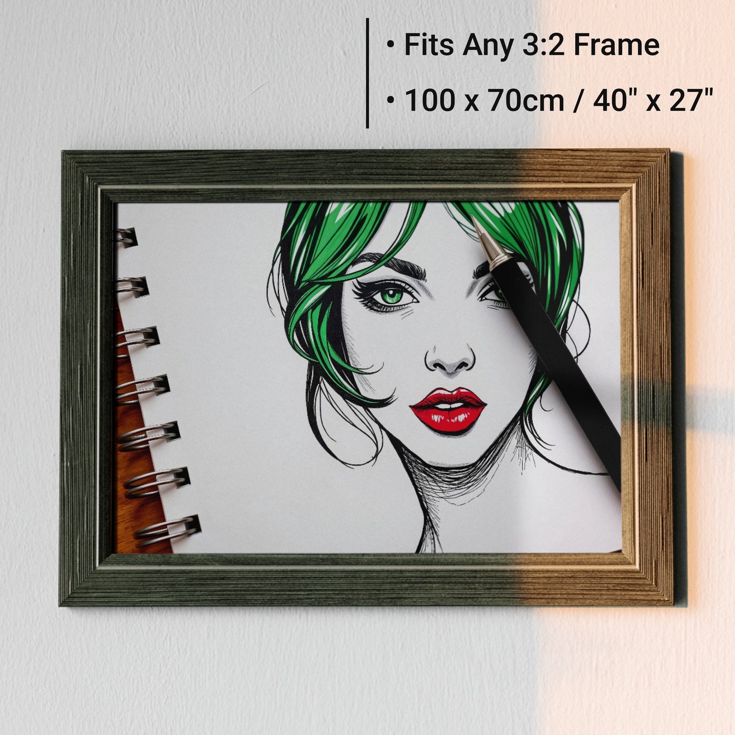 Green Sketchbook Portrait - Arts To GloryGreen Sketchbook PortraitDigital Wall ArtArts To Glory100x70cm framed art capturing green hair, red lips, and a pen illustration, perfect for contemporary interiors.