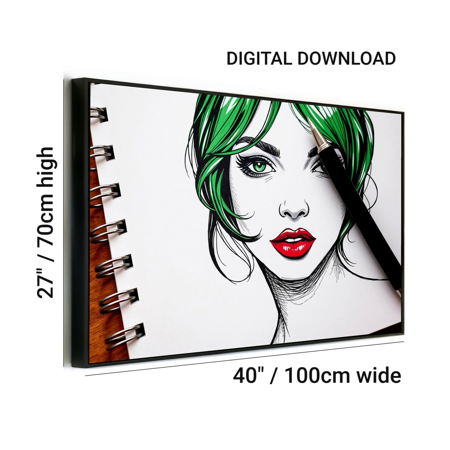 Green Sketchbook Portrait - Arts To GloryGreen Sketchbook PortraitDigital Wall ArtArts To GloryModern living room scene featuring a bold portrait of green hair and red lips, set on a spiral notebook.