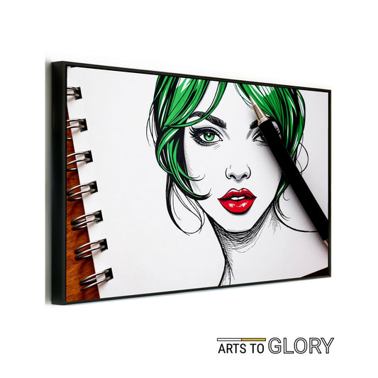 Green Sketchbook Portrait - Arts To GloryGreen Sketchbook PortraitDigital Wall ArtArts To GloryDigital portrait featuring green hair and red lips against a spiral notebook, enhanced by pen linework from Arts To Glory.