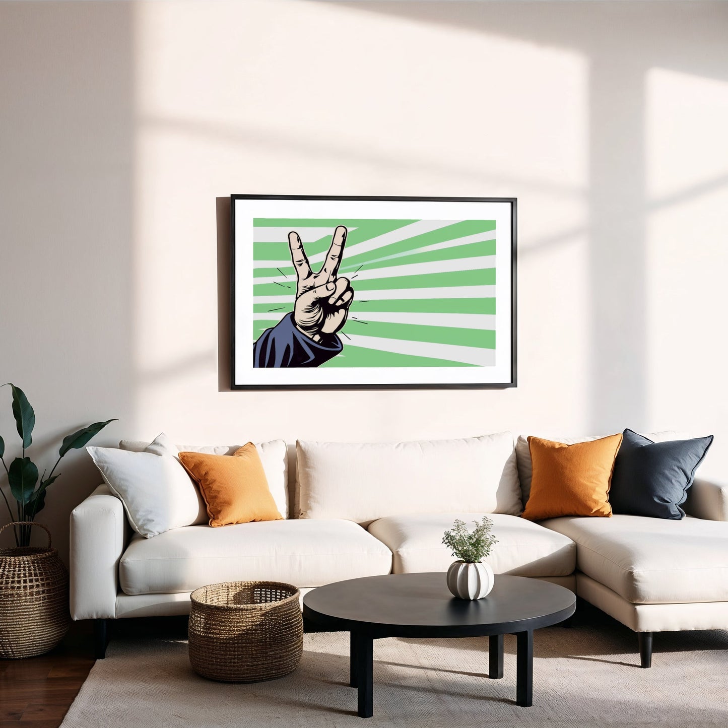 Green Striped Peace Hand - Arts To GloryGreen Striped Peace HandDigital Wall ArtArts To GloryEye - catching peace/victory sign pop - art displayed in a cosy living room with bold, minimalist styling.