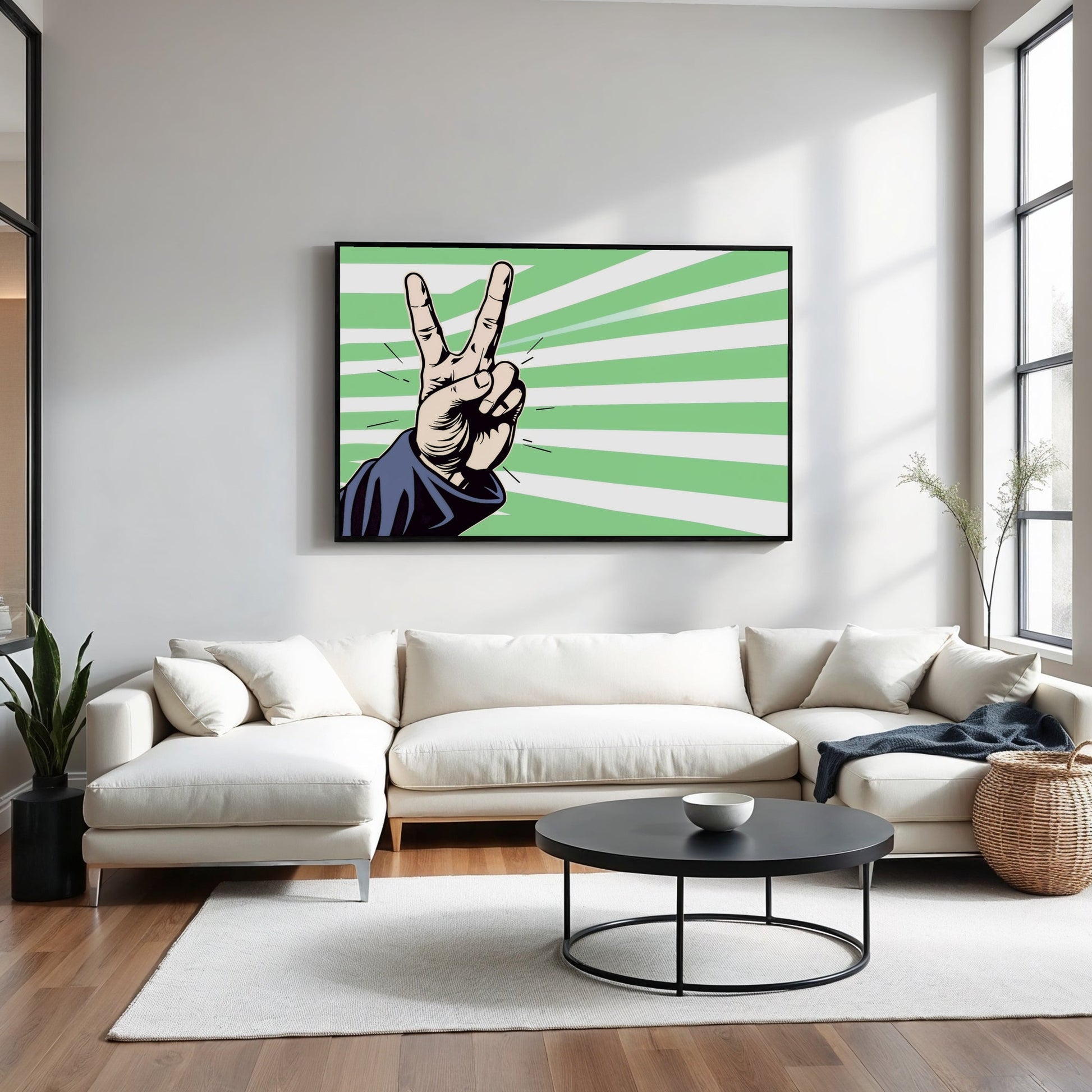 Green Striped Peace Hand - Arts To GloryGreen Striped Peace HandDigital Wall ArtArts To GlorySleek, minimal design featuring a bold peace hand sign in green, white, and black, perfect for stylish spaces.