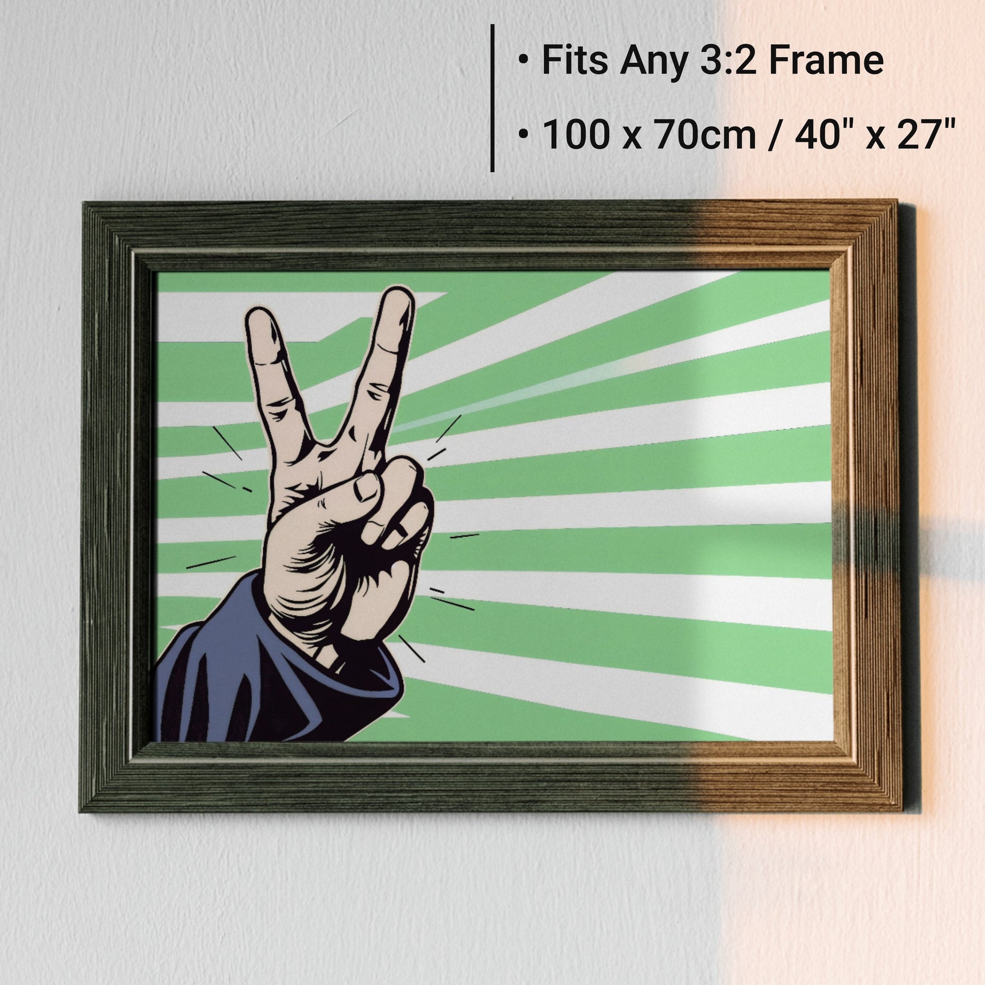 Green Striped Peace Hand - Arts To GloryGreen Striped Peace HandDigital Wall ArtArts To GloryFramed 100x70cm print of a peace hand sign in a bold, modern design, ideal for contemporary interiors.