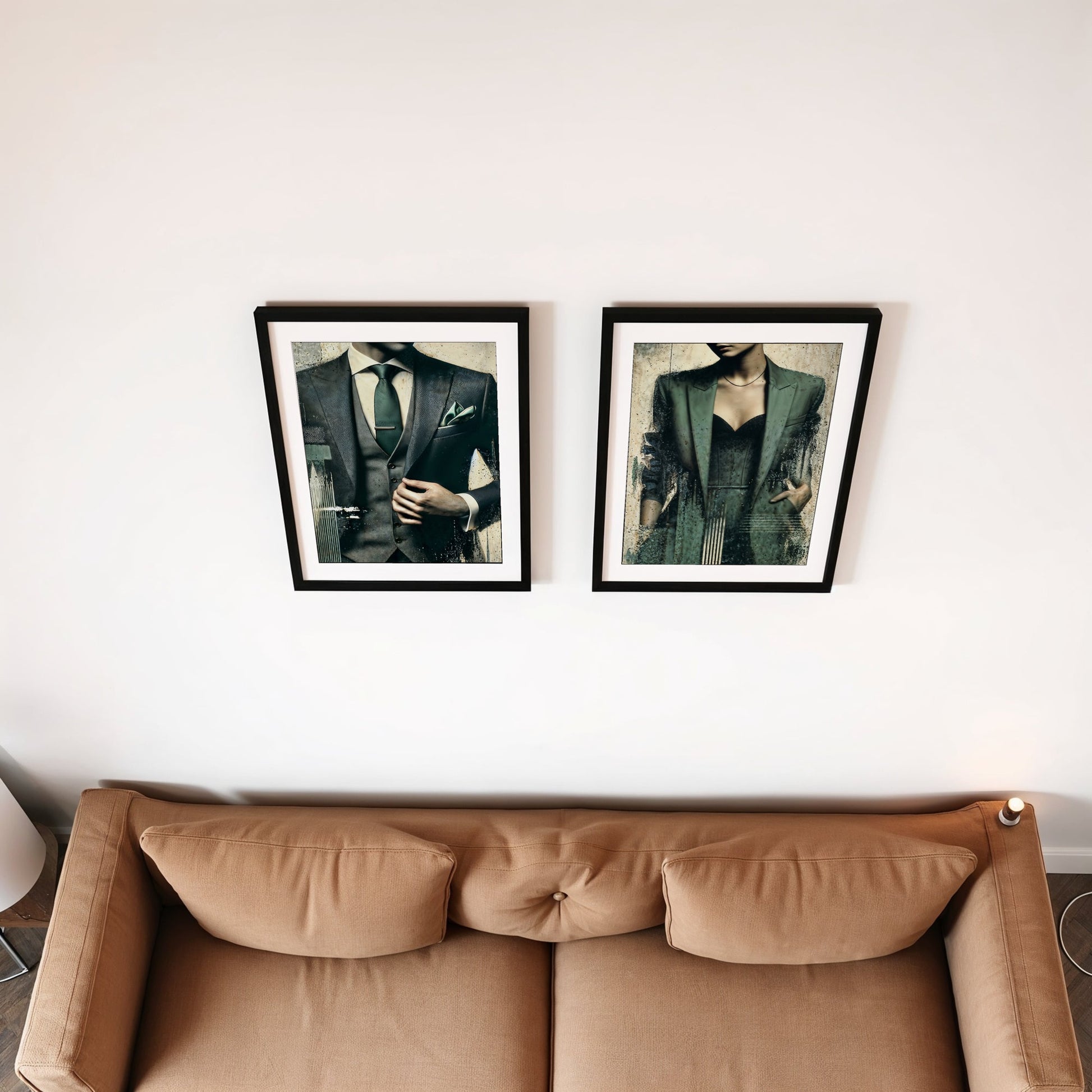 Green Suit Green Jacket - Arts To GloryGreen Suit Green JacketDigital Wall ArtArts To GlorySet of 2 digital wall art featuring a man in a green suit and a woman in a green jacket, displayed leaning against a white wall