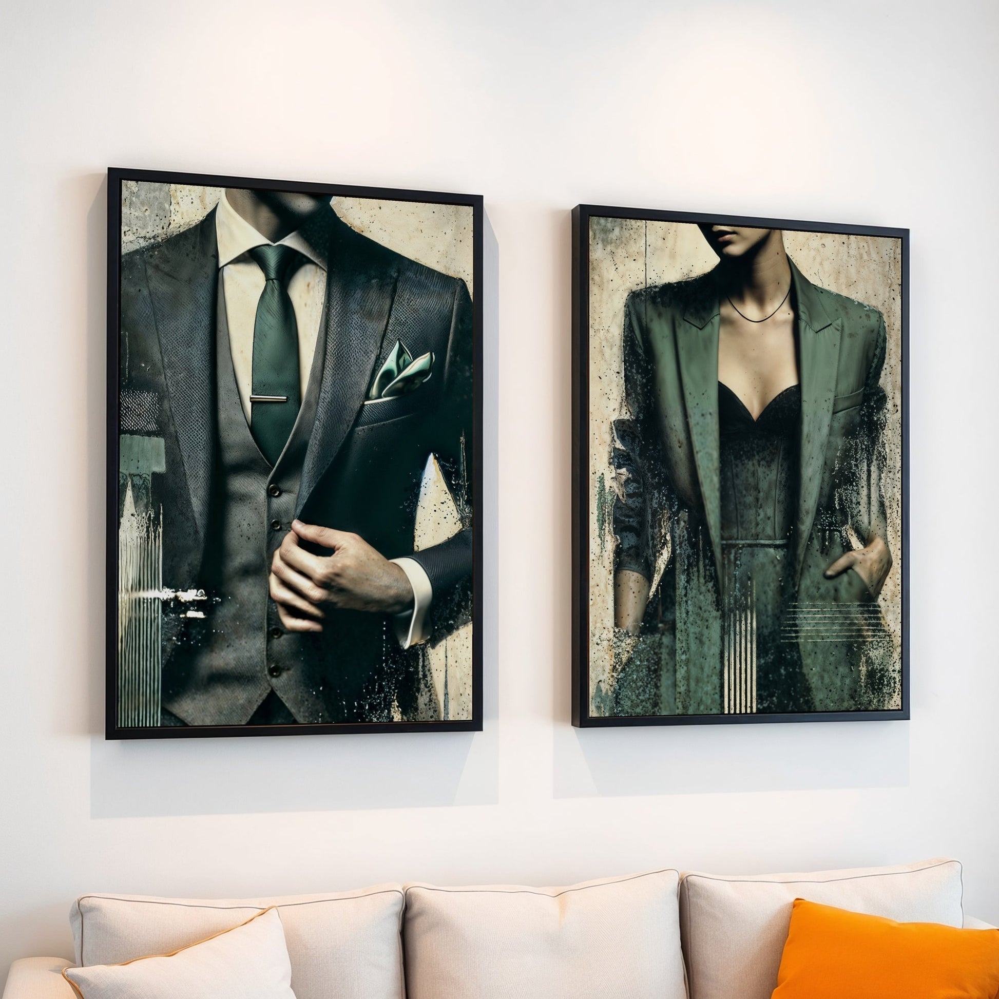 Green Suit Green Jacket - Arts To GloryGreen Suit Green JacketDigital Wall ArtArts To GlorySet of 2 digital wall art with a man in a green suit and a woman in a green jacket, stylishly displayed in a modern living room, showcasing bold green accents and textured designs.