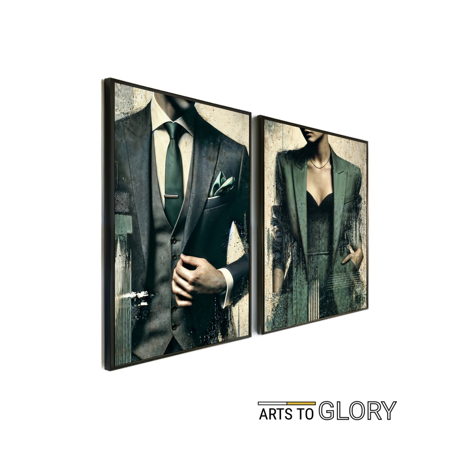 Green Suit Green Jacket - Arts To GloryGreen Suit Green JacketDigital Wall ArtArts To GlorySet of 2 digital wall art featuring a man in a green suit and a woman in a green jacket with urban textures and bold green accents, perfect for modern interiors.