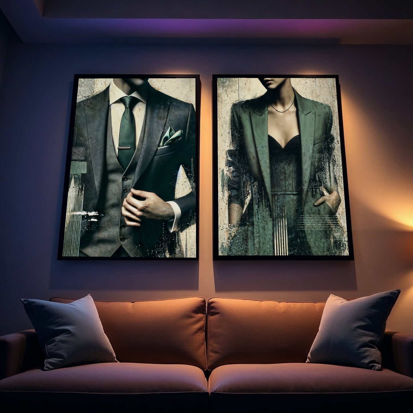 Green Suit Green Jacket - Arts To GloryGreen Suit Green JacketDigital Wall ArtArts To GlorySet of 2 digital wall art featuring a man in a green suit and a woman in a green jacket, elegantly displayed in a modern living room with stylish décor.