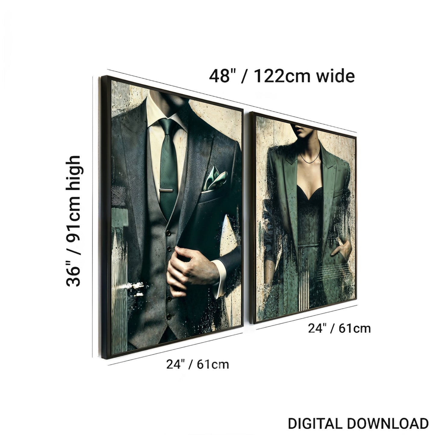 Green Suit Green Jacket - Arts To GloryGreen Suit Green JacketDigital Wall ArtArts To GloryDimensions of the set of 2 digital wall art featuring a man in a green suit and a woman in a green jacket, each piece measuring 60x90cm, total width of 120cm.