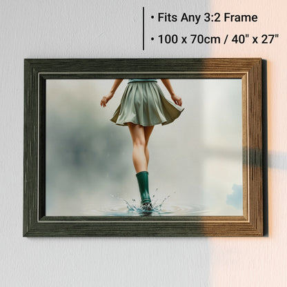 Green Wellies in Puddle - Arts To GloryGreen Wellies in PuddleDigital Wall ArtArts To GloryFramed artwork featuring a woman wearing green wellies in motion, splashing through water, adding a vibrant and stylish touch, 100x70cm.