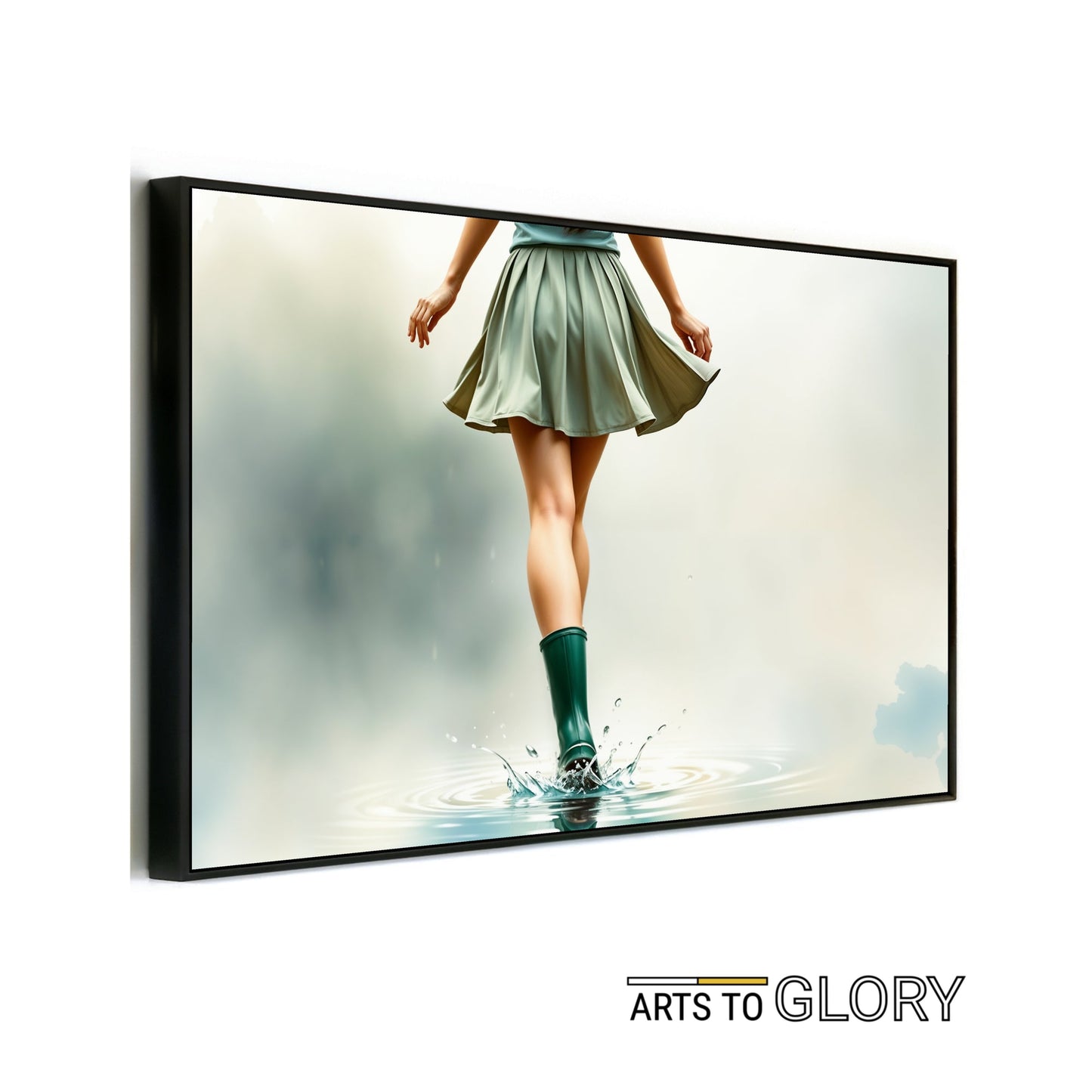 Green Wellies in Puddle - Arts To GloryGreen Wellies in PuddleDigital Wall ArtArts To GloryDigital artwork of a woman wearing green wellies splashing through a puddle, featuring dynamic movement and vibrant green accents, 100x70cm.