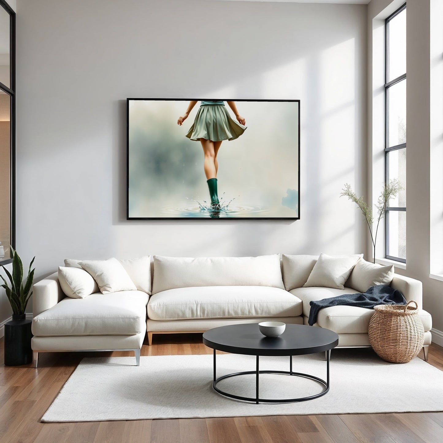 Green Wellies in Puddle - Arts To GloryGreen Wellies in PuddleDigital Wall ArtArts To GloryWall art featuring a woman in green wellies splashing through water, styled in a minimalist living space with natural light and a clean aesthetic.