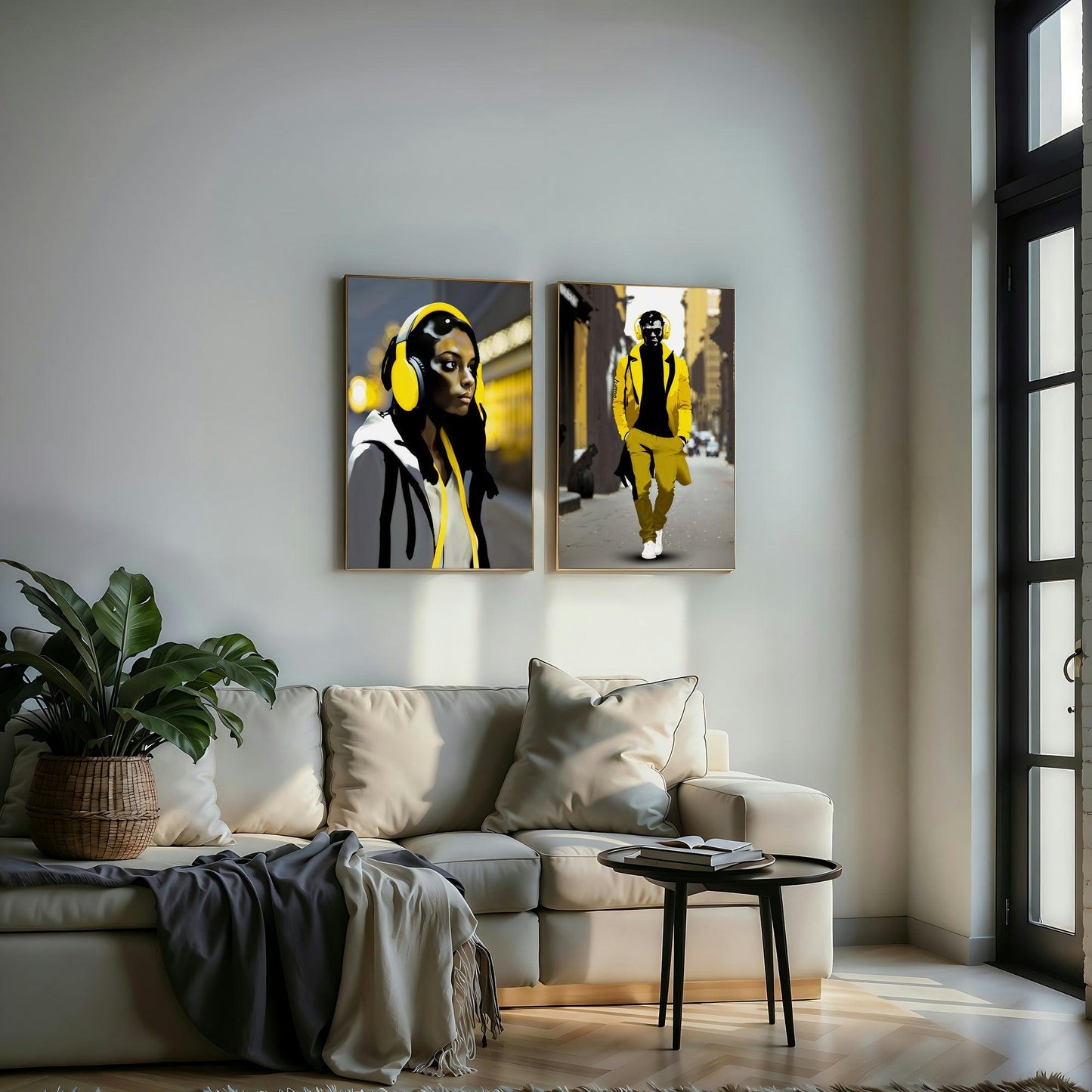 High Street Portraits | Striking Urban Wall Art in Monochrome with Bright Yellow Accents | Digital Art | 61 x 91 cm (2:3 Ratio) - Arts To GloryHigh Street Portraits | Striking Urban Wall Art in Monochrome with Bright Yellow Accents | Digital Art | 61 x 91 cm (2:3 Ratio)Colourful ExpressionsArts To GloryA stylish living room featuring two square framed art pieces on the wall, each portraying a figure in vibrant yellow attire with headphones, creating a modern and urban aesthetic in the space.