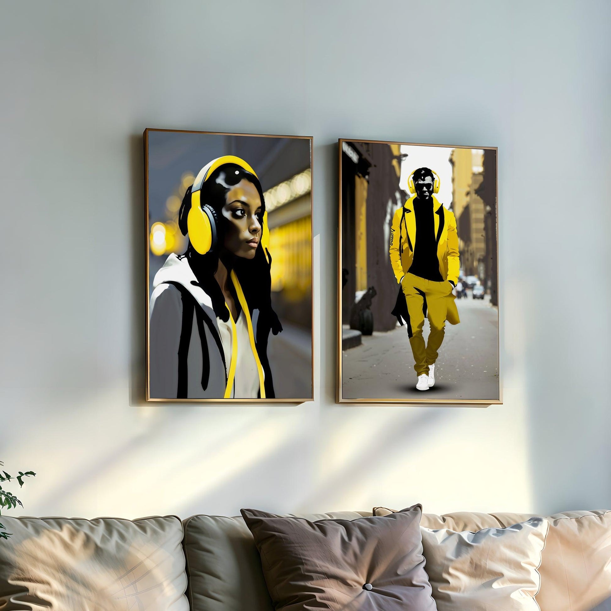 High Street Portraits | Striking Urban Wall Art in Monochrome with Bright Yellow Accents | Digital Art | 61 x 91 cm (2:3 Ratio) - Arts To GloryHigh Street Portraits | Striking Urban Wall Art in Monochrome with Bright Yellow Accents | Digital Art | 61 x 91 cm (2:3 Ratio)Colourful ExpressionsArts To GloryDigital art set of two framed portraits displayed on a wall, featuring a woman with headphones in a contemplative pose and a man walking confidently, both highlighted in bright yellow against a mo