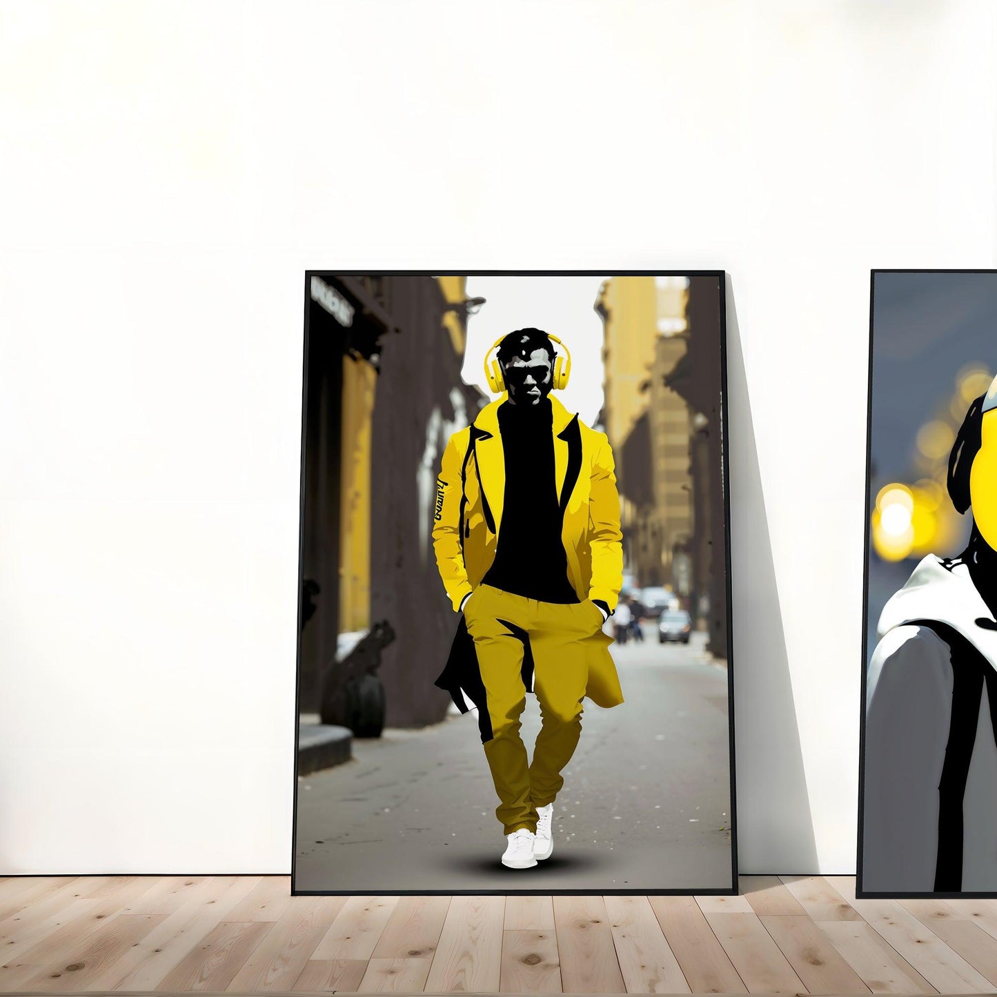 High Street Portraits | Striking Urban Wall Art in Monochrome with Bright Yellow Accents | Digital Art | 61 x 91 cm (2:3 Ratio) - Arts To GloryHigh Street Portraits | Striking Urban Wall Art in Monochrome with Bright Yellow Accents | Digital Art | 61 x 91 cm (2:3 Ratio)Colourful ExpressionsArts To GloryLarge framed portrait of a man in a yellow sports suit and headphones leaning casually, prominently displayed in a modern interior setting, introducing a splash of colour and urban flair.