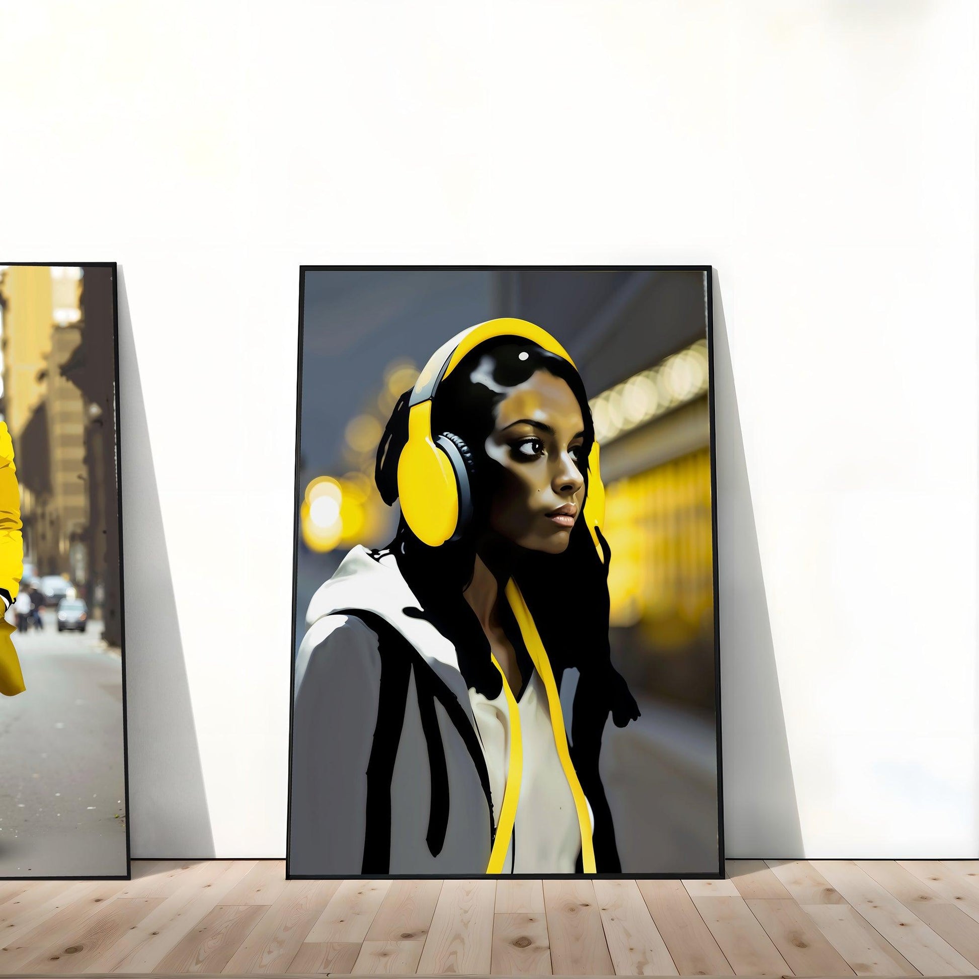 High Street Portraits | Striking Urban Wall Art in Monochrome with Bright Yellow Accents | Digital Art | 61 x 91 cm (2:3 Ratio) - Arts To GloryHigh Street Portraits | Striking Urban Wall Art in Monochrome with Bright Yellow Accents | Digital Art | 61 x 91 cm (2:3 Ratio)Colourful ExpressionsArts To GloryElegant framed portrait of a contemplative woman with yellow headphones, set against a blurred cityscape, displayed in a contemporary space, adding a touch of urban sophistication.