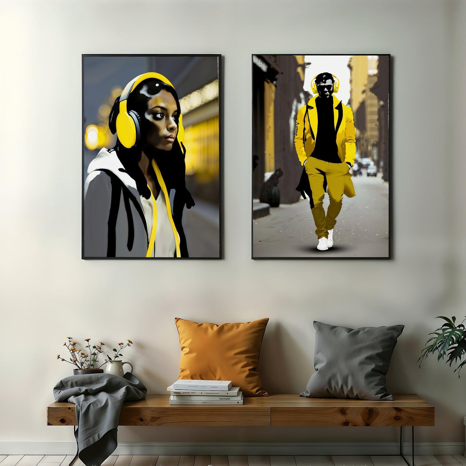 High Street Portraits | Striking Urban Wall Art in Monochrome with Bright Yellow Accents | Digital Art | 61 x 91 cm (2:3 Ratio) - Arts To GloryHigh Street Portraits | Striking Urban Wall Art in Monochrome with Bright Yellow Accents | Digital Art | 61 x 91 cm (2:3 Ratio)Colourful ExpressionsArts To GloryChic and modern wall art display featuring a two-piece portrait set with a woman and a man in vivid yellow, enhancing the urban charm of a stylish interior with bench and decorative pillows.