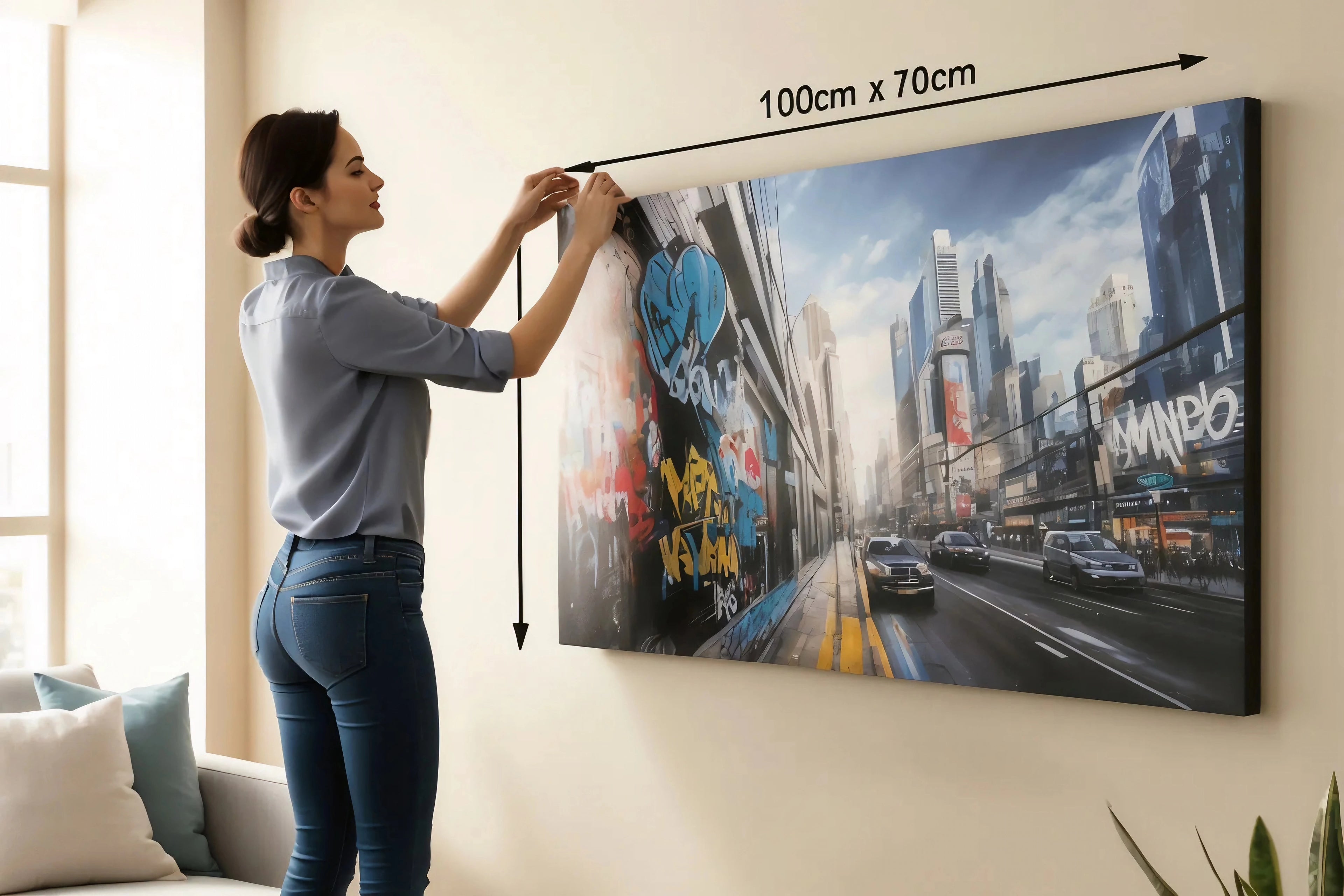 woman hanging a large 100cm x 70cm wall art piece from arts to glory