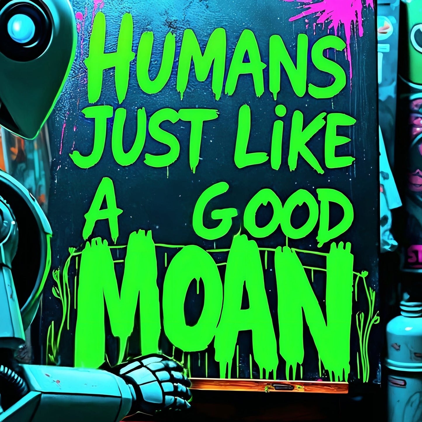 Humans Just Like A Good Moan - Arts To GloryHumans Just Like A Good MoanDigital Wall ArtArts To GloryClose up of a robot painting graffiti text Humans Just Like a Good Moan in vibrant green with gritty urban textures and bold contrasts.