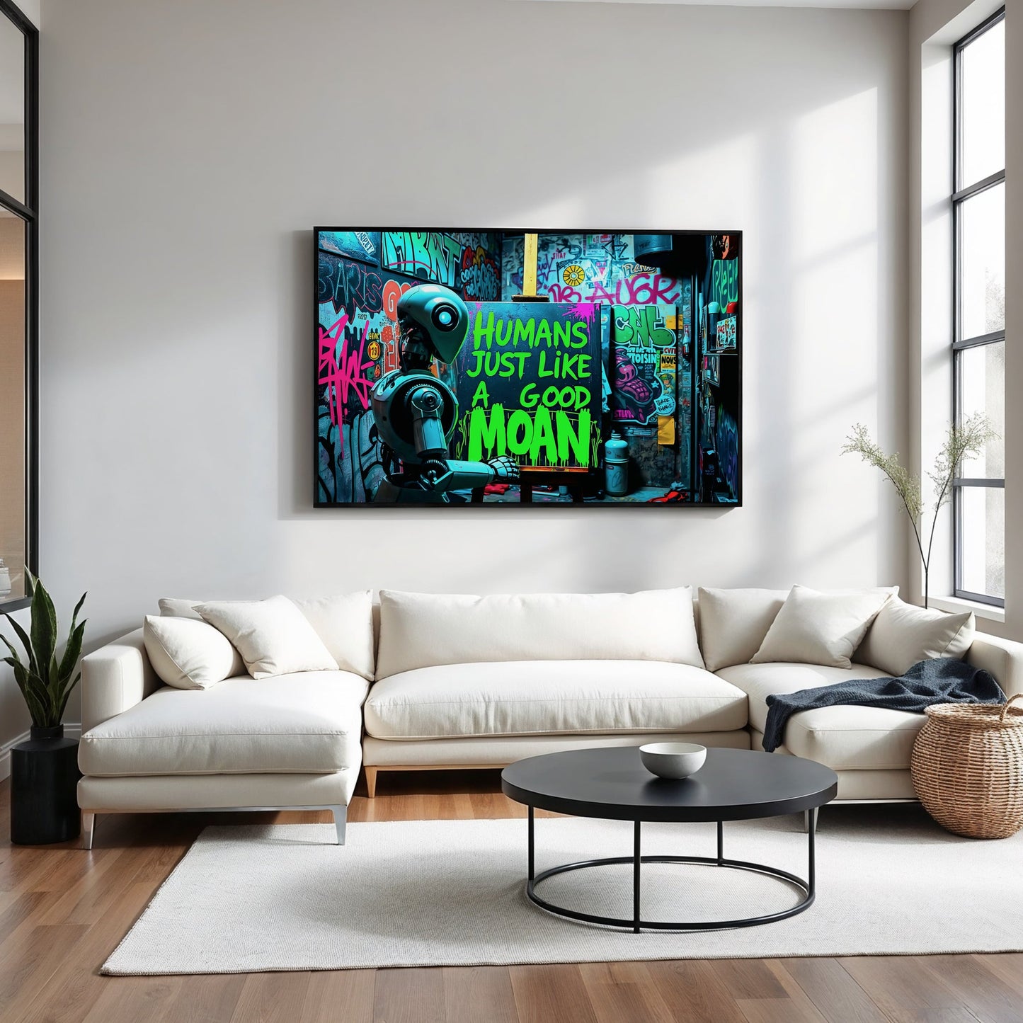 Humans Just Like A Good Moan - Arts To GloryHumans Just Like A Good MoanDigital Wall ArtArts To GloryHumorous graffiti - inspired artwork with vibrant green text painted by a robot, displayed in a modern living room to add edgy urban style.