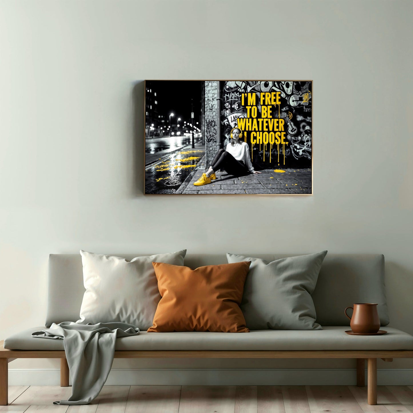 I'm Free to Be Whatever I Choose | Empowering Urban Street Art | Bold Yellow Accents | Digital Download | 100 x 70 cm | Modern Home Décor - Arts To GloryI'm Free to Be Whatever I Choose | Empowering Urban Street Art | Bold Yellow Accents | Digital Download | 100 x 70 cm | Modern Home DécorTextual NarrativesArts To GloryUrban modern wall art displayed in a stylish living room, featuring bold text against a city backdrop, perfect for contemporary home décor, 100x70cm.