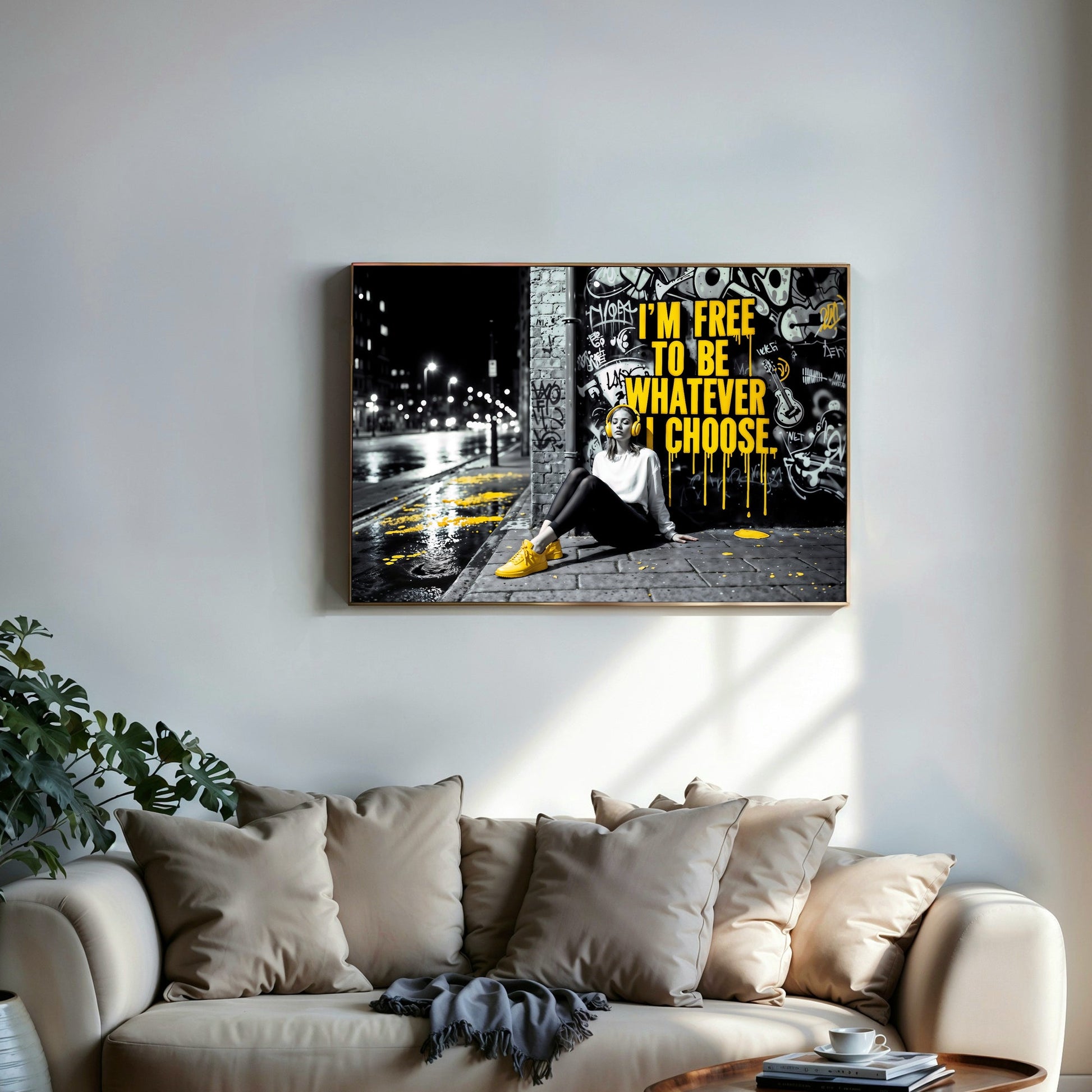 I'm Free to Be Whatever I Choose | Empowering Urban Street Art | Bold Yellow Accents | Digital Download | 100 x 70 cm | Modern Home Décor - Arts To GloryI'm Free to Be Whatever I Choose | Empowering Urban Street Art | Bold Yellow Accents | Digital Download | 100 x 70 cm | Modern Home DécorTextual NarrativesArts To GloryUrban wall art displayed in a modern living room setting, featuring bold text against a cityscape background, ideal for contemporary home décor, 100x70cm.