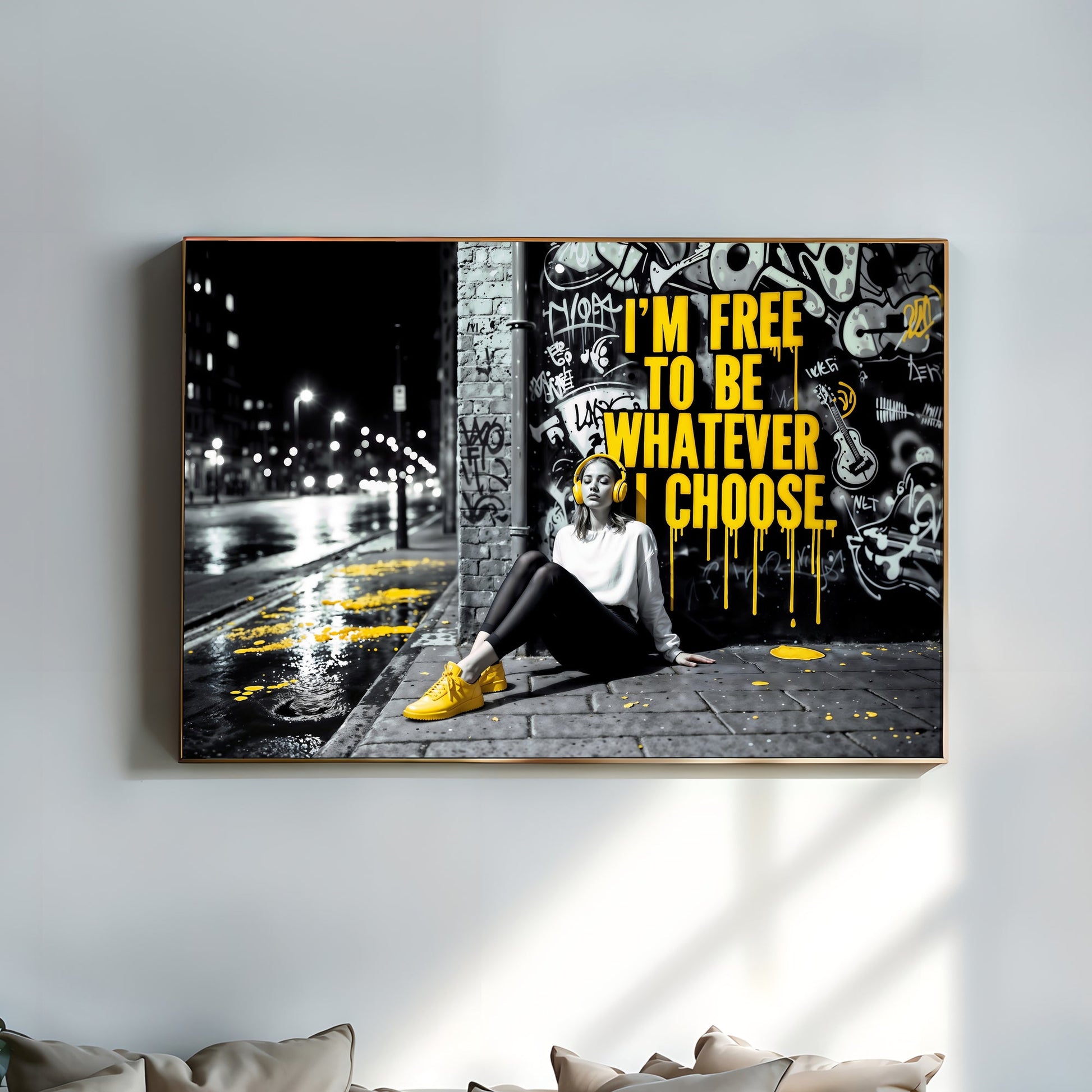 I'm Free to Be Whatever I Choose | Empowering Urban Street Art | Bold Yellow Accents | Digital Download | 100 x 70 cm | Modern Home Décor - Arts To GloryI'm Free to Be Whatever I Choose | Empowering Urban Street Art | Bold Yellow Accents | Digital Download | 100 x 70 cm | Modern Home DécorTextual NarrativesArts To GloryModern wall art displayed in a bright living space, featuring bold graffiti - style text against an urban cityscape, perfect for contemporary décor, 100x70cm.