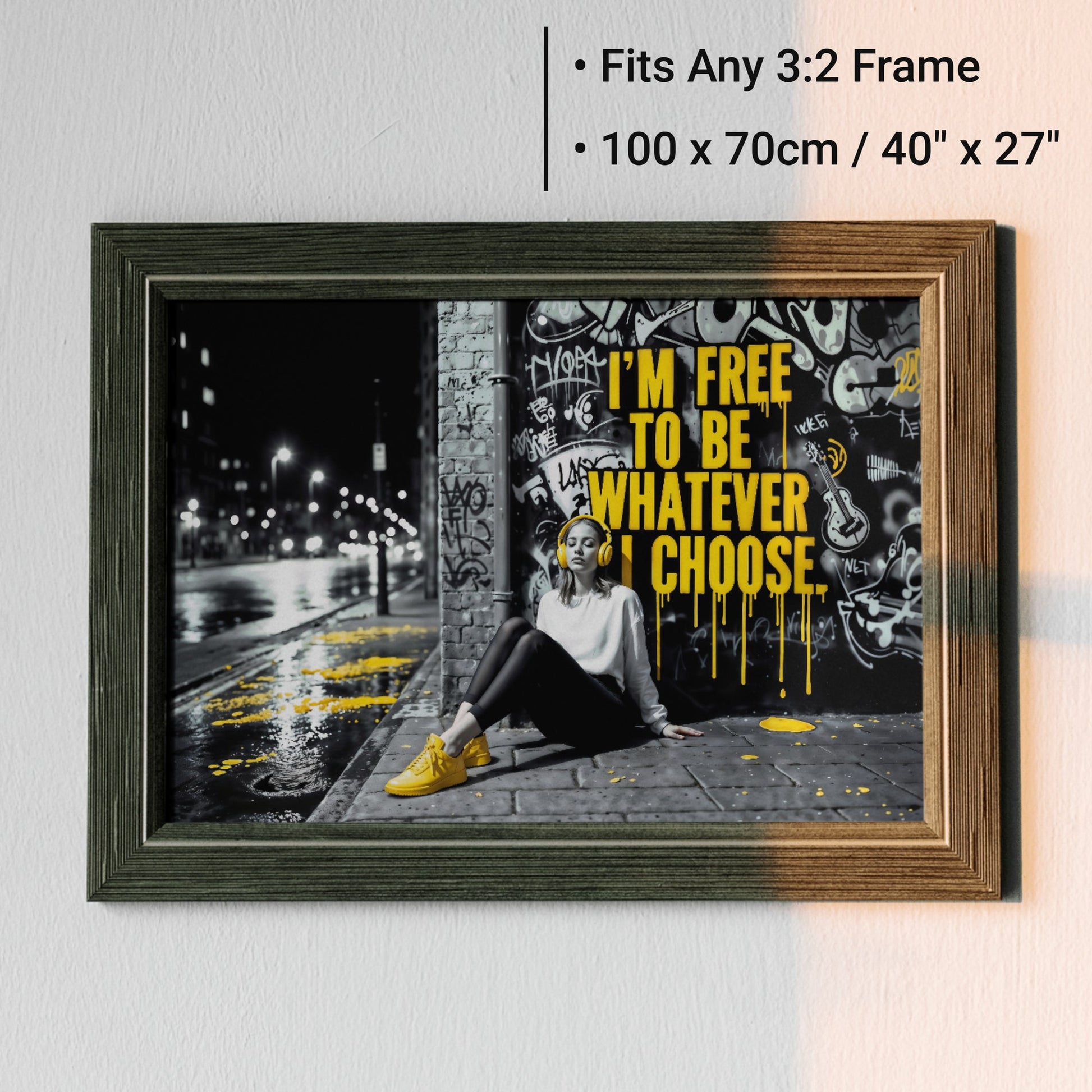 I'm Free to Be Whatever I Choose | Empowering Urban Street Art | Bold Yellow Accents | Digital Download | 100 x 70 cm | Modern Home Décor - Arts To GloryI'm Free to Be Whatever I Choose | Empowering Urban Street Art | Bold Yellow Accents | Digital Download | 100 x 70 cm | Modern Home DécorTextual NarrativesArts To GloryUrban framed wall art showcasing bold graffiti - style text in an urban cityscape, designed to fit any 3:2 frame, 100x70cm, ideal for modern home décor.