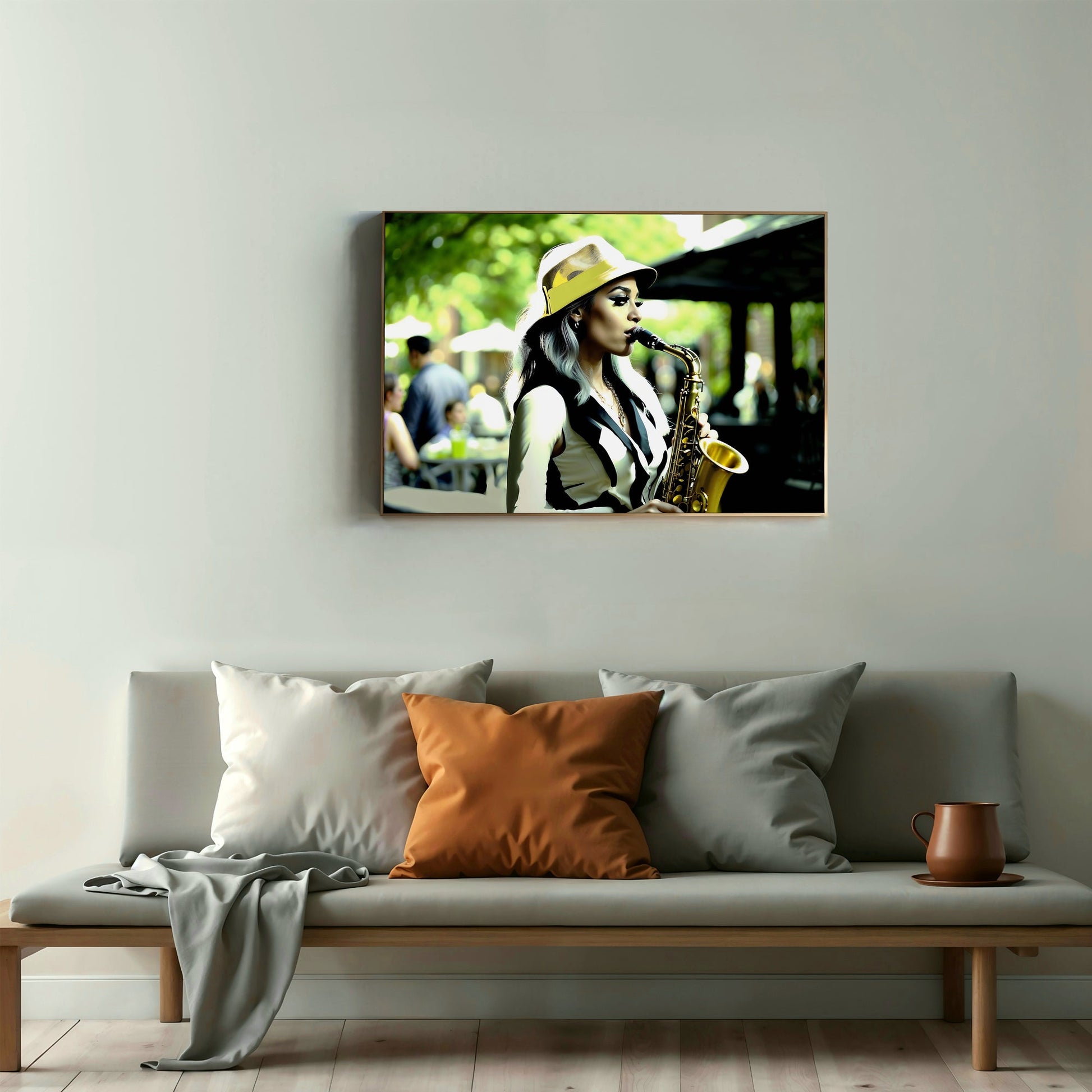 Jazz Woman Saxophone Wall Art | Saxophonist with Green Accents | Modern Decor | Digital Art | 100 x 70 cm - Arts To GloryJazz Woman Saxophone Wall Art | Saxophonist with Green Accents | Modern Decor | Digital Art | 100 x 70 cmColourful ExpressionsArts To GloryModern wall art of a woman playing saxophone with green accents displayed above a bench with cushions in a stylish living room