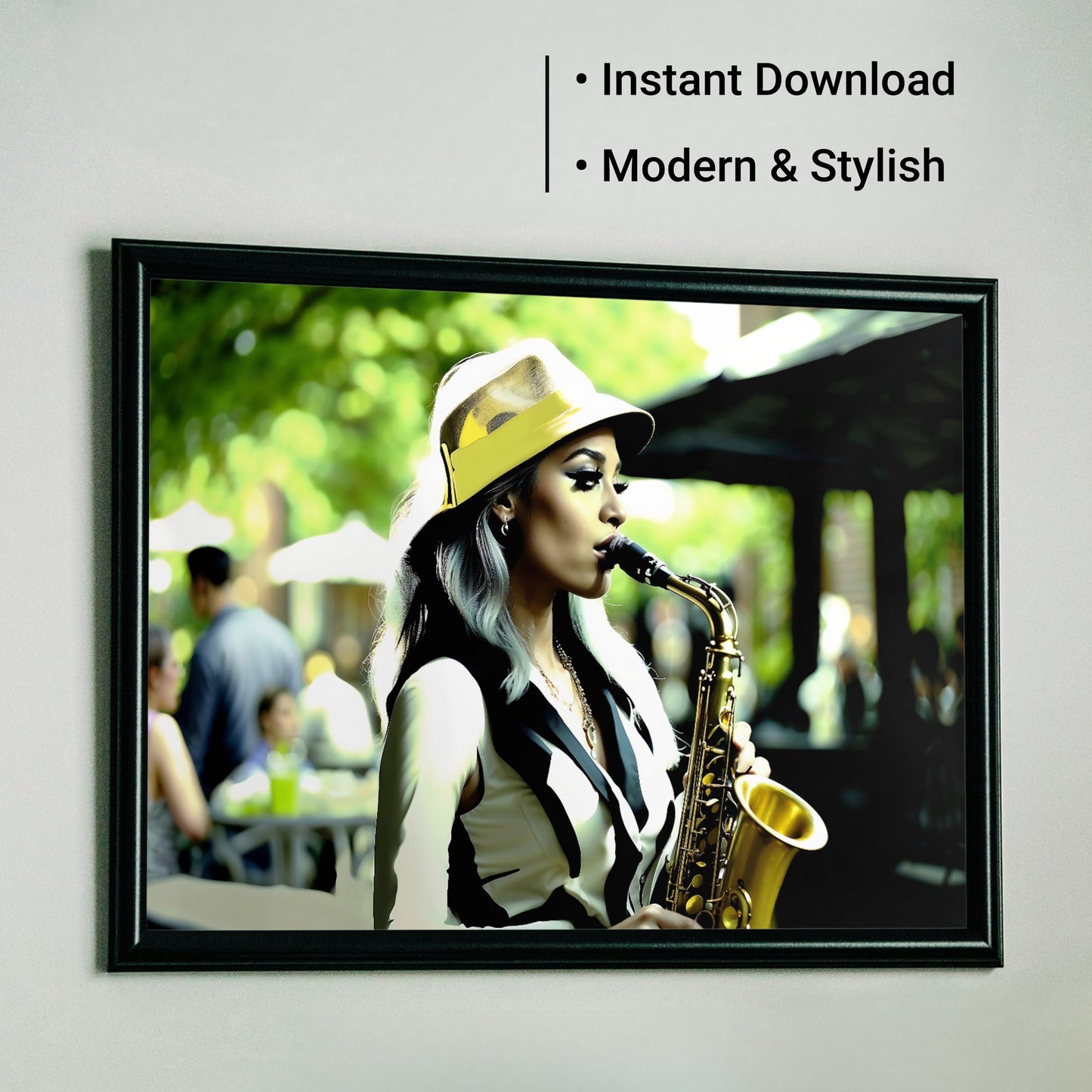 Jazz Woman Saxophone Wall Art | Saxophonist with Green Accents | Modern Decor | Digital Art | 100 x 70 cm - Arts To GloryJazz Woman Saxophone Wall Art | Saxophonist with Green Accents | Modern Decor | Digital Art | 100 x 70 cmColourful ExpressionsArts To GloryModern wall art of a woman playing saxophone with green accents, instant download, stylish decor