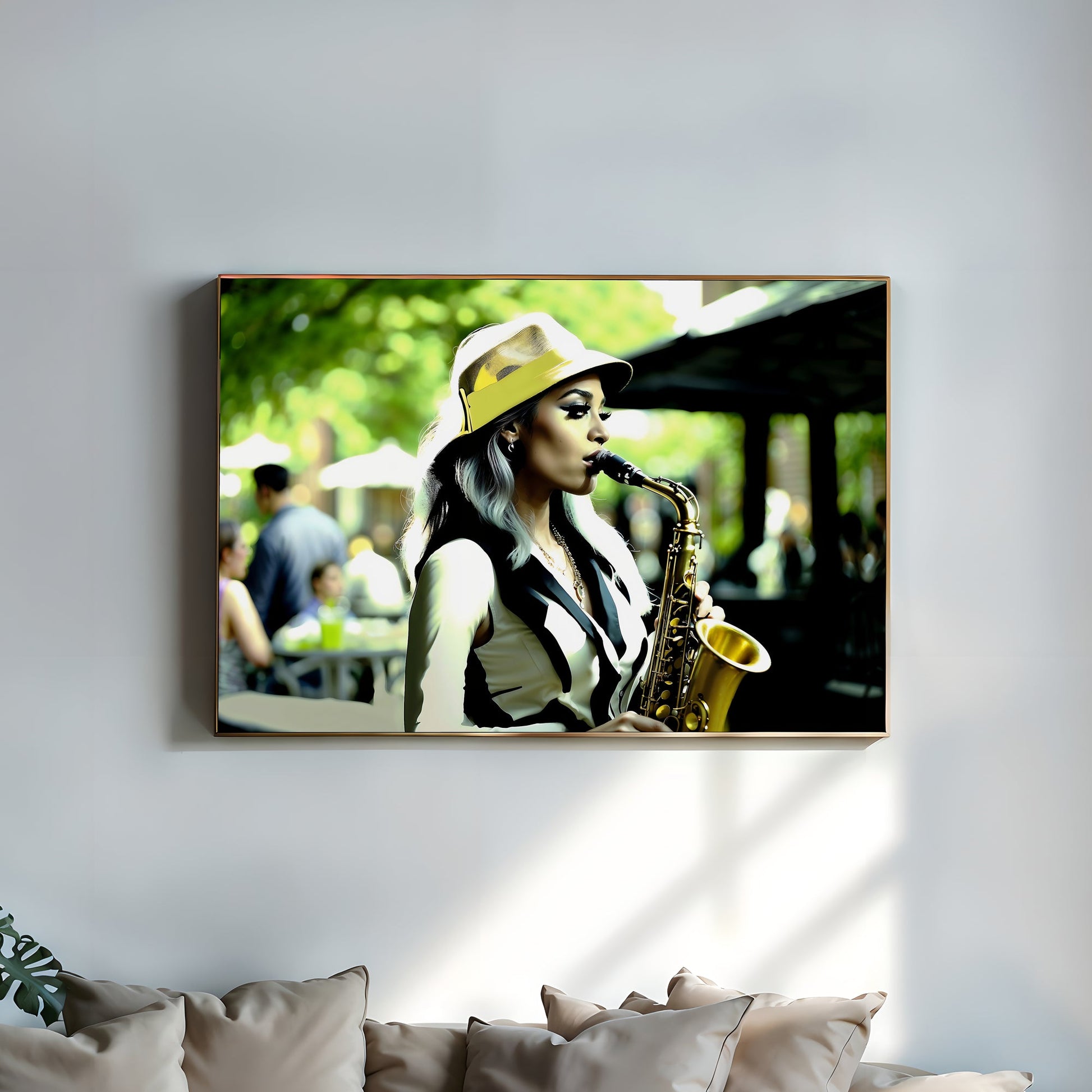 Jazz Woman Saxophone Wall Art | Saxophonist with Green Accents | Modern Decor | Digital Art | 100 x 70 cm - Arts To GloryJazz Woman Saxophone Wall Art | Saxophonist with Green Accents | Modern Decor | Digital Art | 100 x 70 cmColourful ExpressionsArts To GloryModern wall art of a woman playing saxophone with green accents displayed in a stylish living room