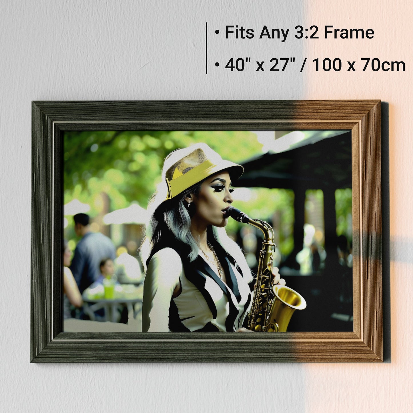 Jazz Woman Saxophone Wall Art | Saxophonist with Green Accents | Modern Decor | Digital Art | 100 x 70 cm - Arts To GloryJazz Woman Saxophone Wall Art | Saxophonist with Green Accents | Modern Decor | Digital Art | 100 x 70 cmColourful ExpressionsArts To GloryModern wall art of a woman playing saxophone with green accents, fits any 3:2 frame, 40 x 27 inches, 100 x 70 cm