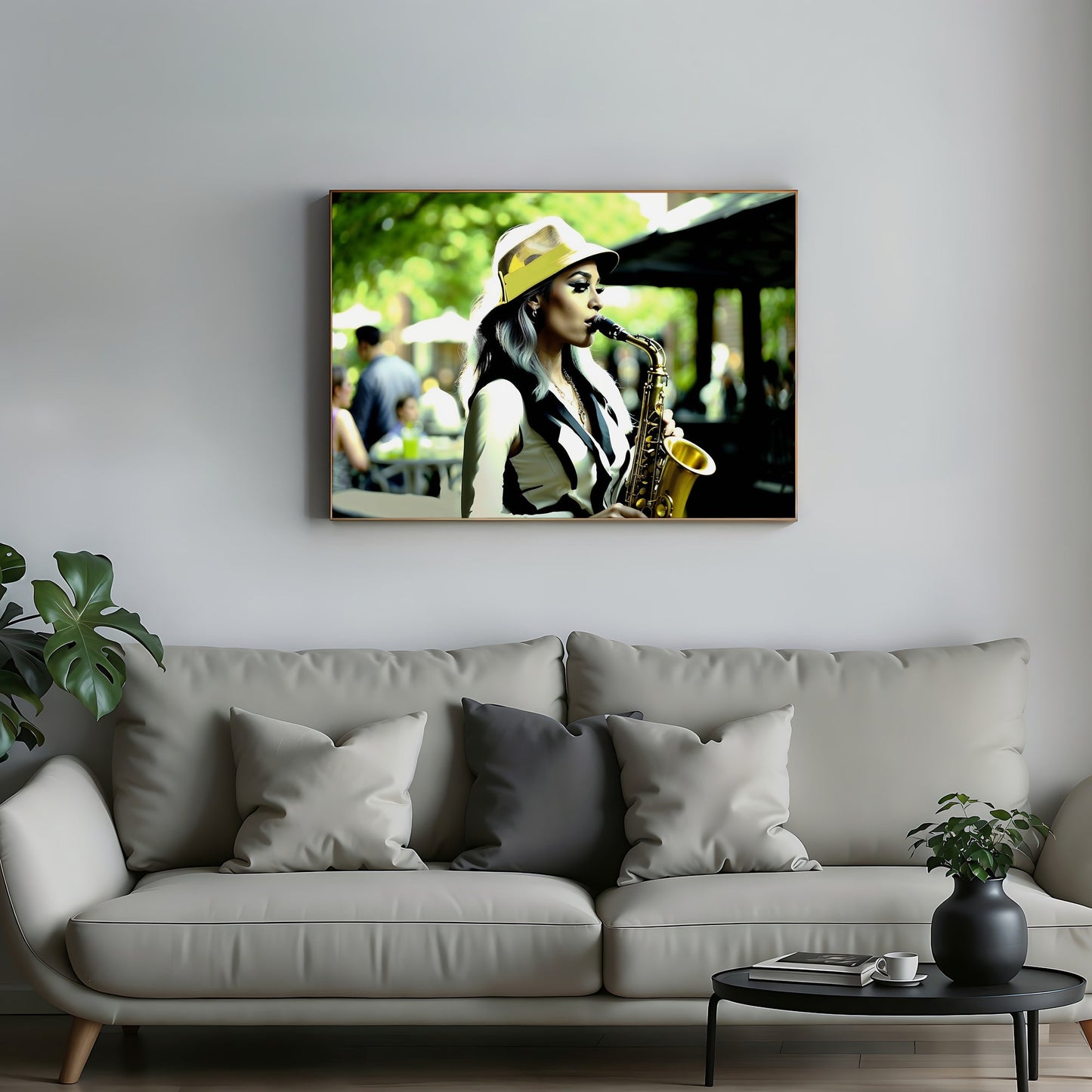 Jazz Woman Saxophone Wall Art | Saxophonist with Green Accents | Modern Decor | Digital Art | 100 x 70 cm - Arts To GloryJazz Woman Saxophone Wall Art | Saxophonist with Green Accents | Modern Decor | Digital Art | 100 x 70 cmColourful ExpressionsArts To GloryModern wall art of a woman playing saxophone with green accents displayed above a sofa in a stylish living room