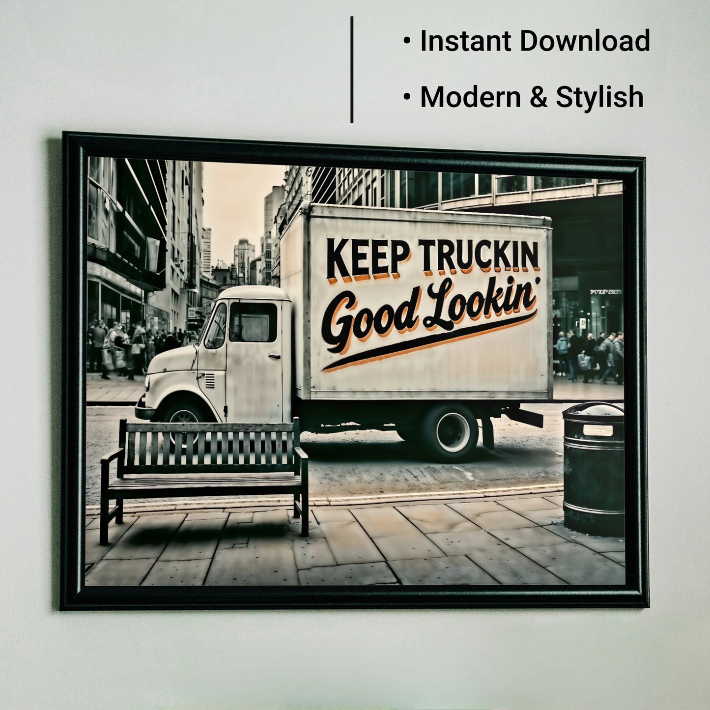 Keep Truckin' Good Lookin' - Urban Digital Wall Art 100x70cm Featuring Bold Text and Muted Cityscape - Arts To GloryKeep Truckin' Good Lookin' - Urban Digital Wall Art 100x70cm Featuring Bold Text and Muted CityscapeDigital Wall ArtArts To GloryUrban digital artwork featuring a delivery truck with bold typography "KEEP TRUCKIN' Good Lookin'," 100x70cm.