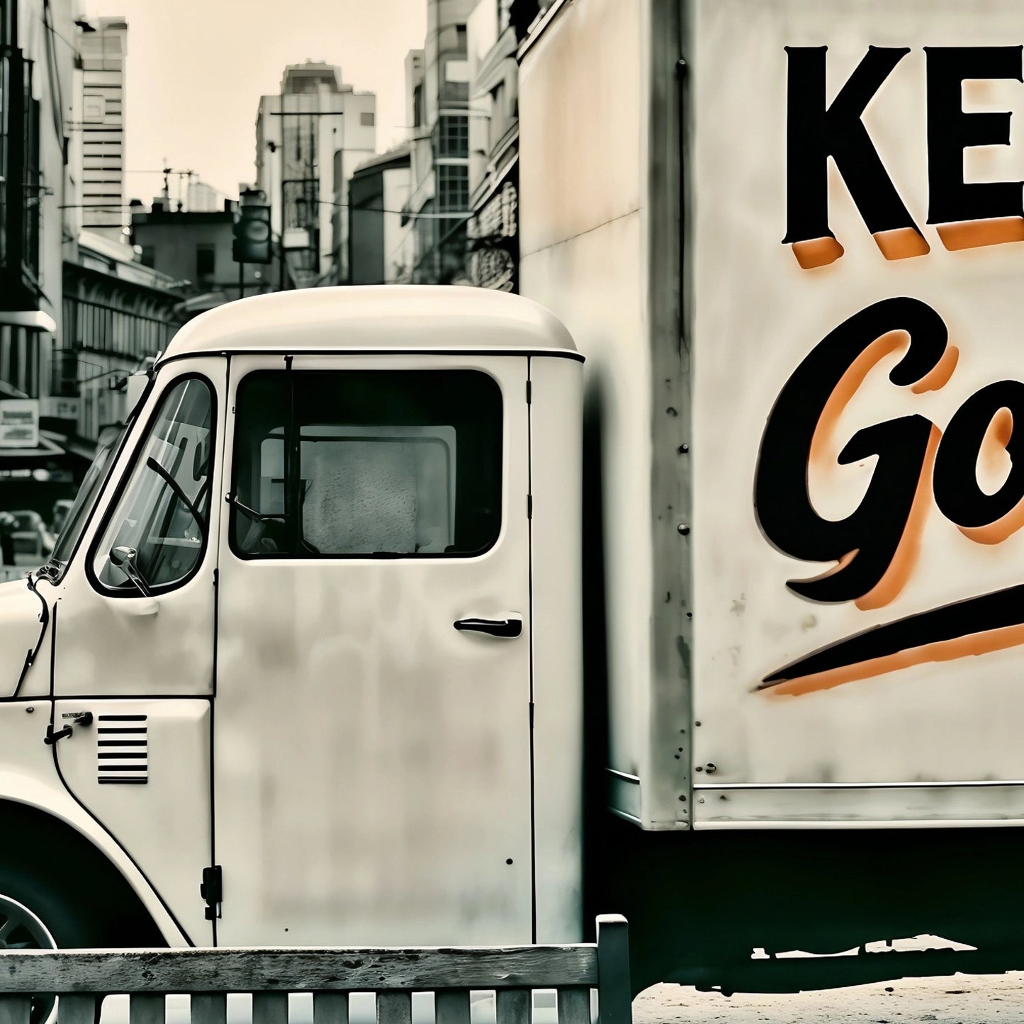 Keep Truckin' Good Lookin' - Urban Digital Wall Art 100x70cm Featuring Bold Text and Muted Cityscape - Arts To GloryKeep Truckin' Good Lookin' - Urban Digital Wall Art 100x70cm Featuring Bold Text and Muted CityscapeDigital Wall ArtArts To GloryClose - up of a vintage delivery truck with bold text in a muted urban street scene, 100x70cm.