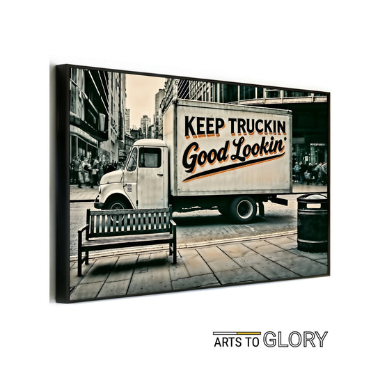 Keep Truckin' Good Lookin' - Urban Digital Wall Art 100x70cm Featuring Bold Text and Muted Cityscape - Arts To GloryKeep Truckin' Good Lookin' - Urban Digital Wall Art 100x70cm Featuring Bold Text and Muted CityscapeDigital Wall ArtArts To GloryVintage delivery truck with bold text "KEEP TRUCKIN' Good Lookin’" in a muted urban street setting, 100x70cm.