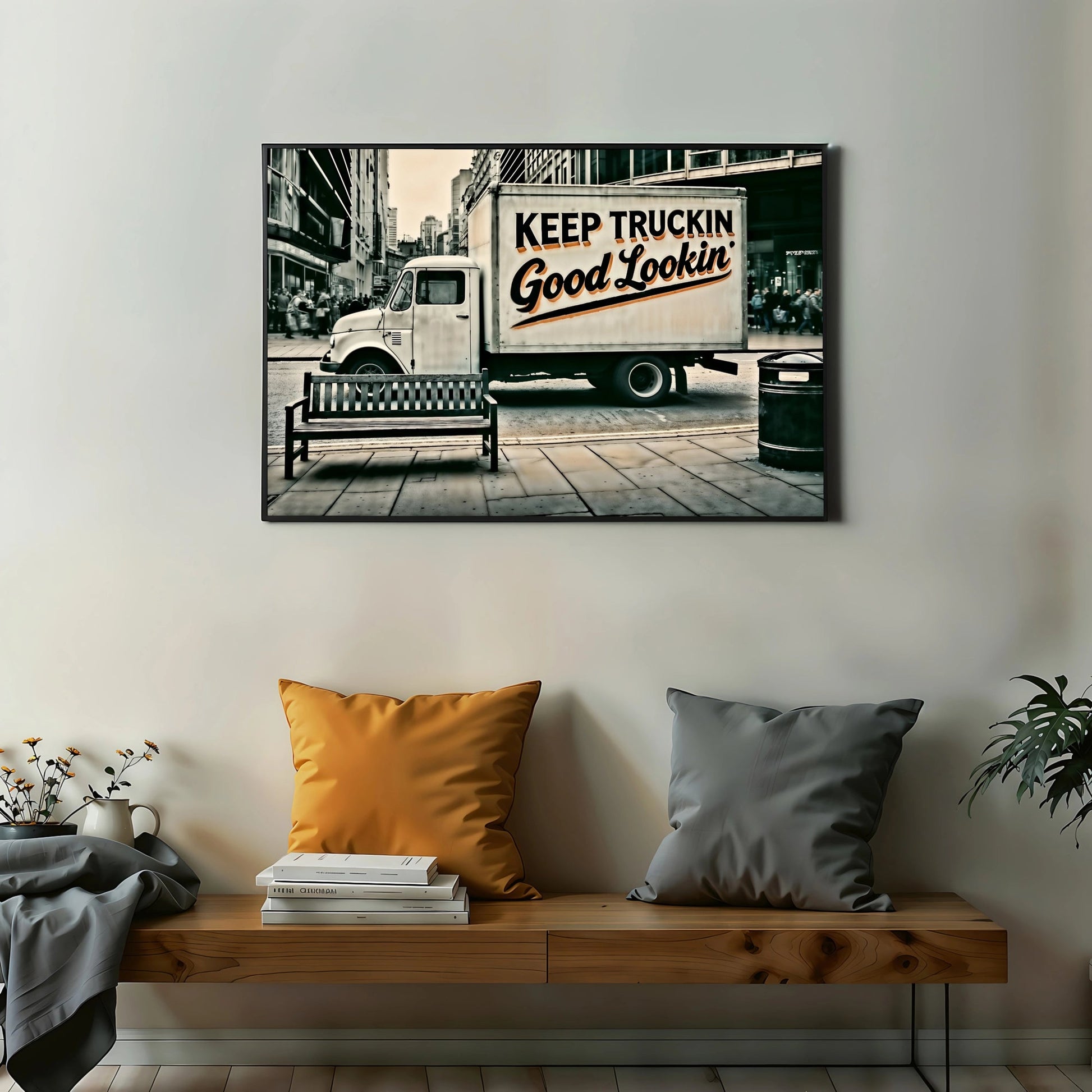 Keep Truckin' Good Lookin' - Urban Digital Wall Art 100x70cm Featuring Bold Text and Muted Cityscape - Arts To GloryKeep Truckin' Good Lookin' - Urban Digital Wall Art 100x70cm Featuring Bold Text and Muted CityscapeDigital Wall ArtArts To GloryDigital art featuring bold text "KEEP TRUCKIN' Good Lookin'" against an urban street backdrop, 100x70cm.