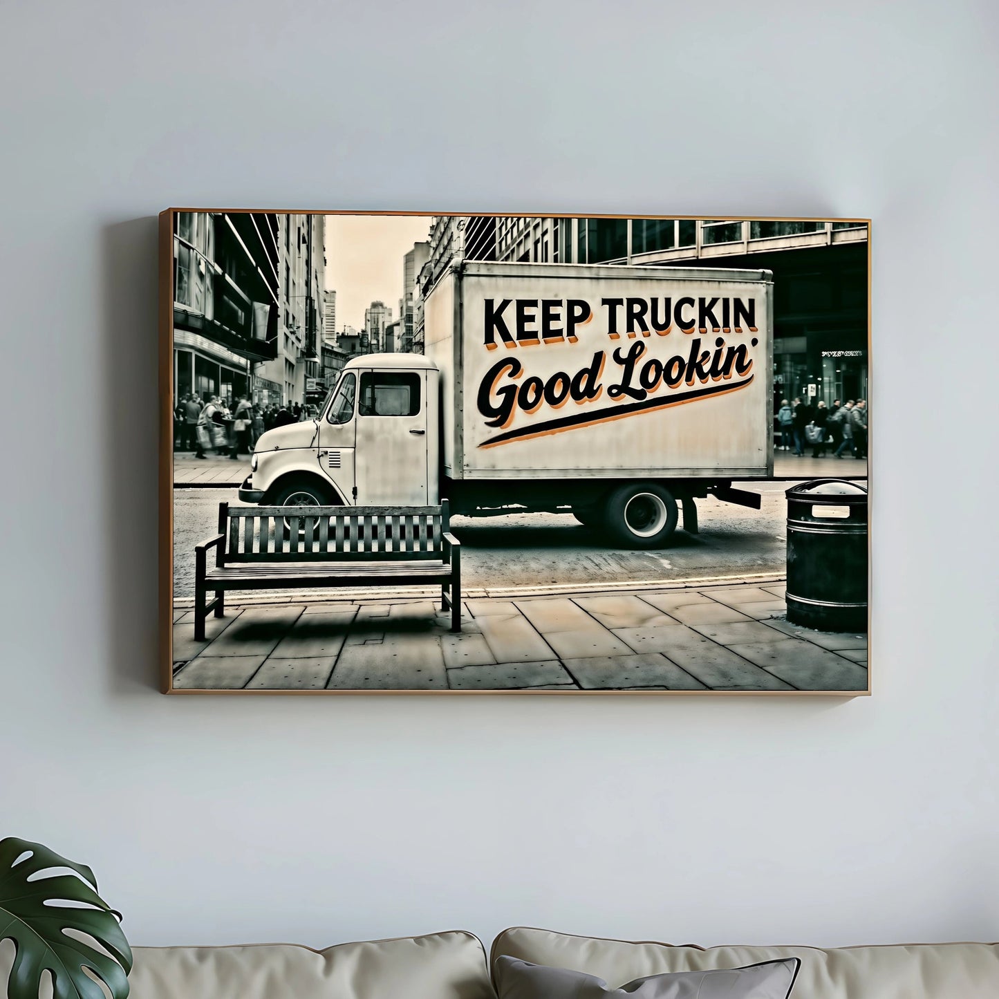 Keep Truckin' Good Lookin' - Urban Digital Wall Art 100x70cm Featuring Bold Text and Muted Cityscape - Arts To GloryKeep Truckin' Good Lookin' - Urban Digital Wall Art 100x70cm Featuring Bold Text and Muted CityscapeDigital Wall ArtArts To GloryA muted city street scene with a vintage delivery truck featuring playful bold text, 100x70cm.