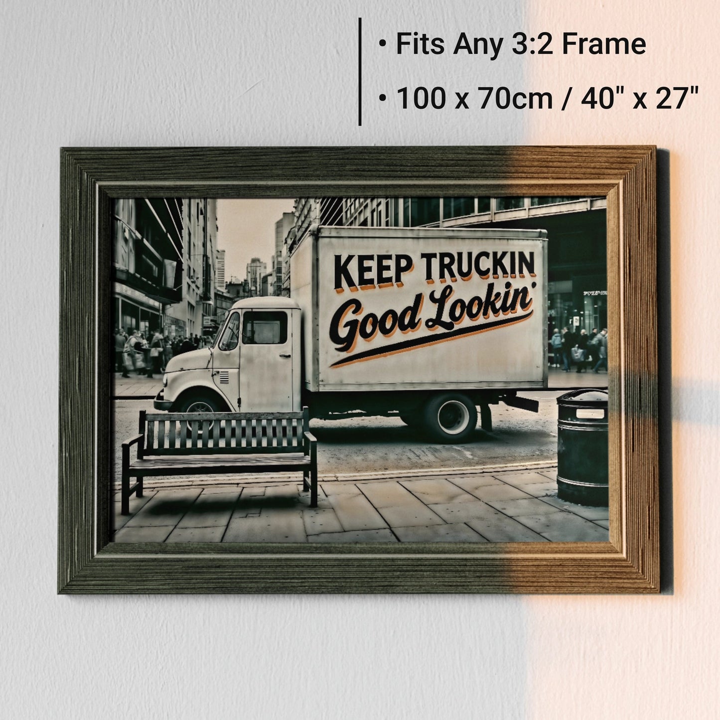 Keep Truckin' Good Lookin' - Urban Digital Wall Art 100x70cm Featuring Bold Text and Muted Cityscape - Arts To GloryKeep Truckin' Good Lookin' - Urban Digital Wall Art 100x70cm Featuring Bold Text and Muted CityscapeDigital Wall ArtArts To GloryFun and playful urban artwork with bold lettering on a delivery truck, 100x70cm.