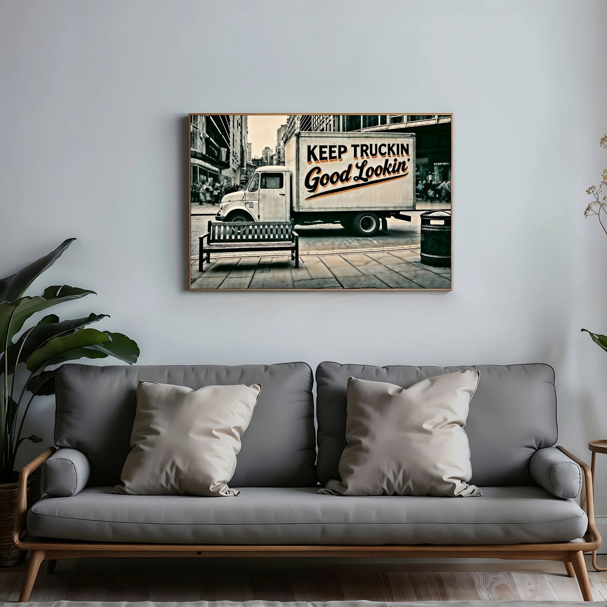 Keep Truckin' Good Lookin' - Urban Digital Wall Art 100x70cm Featuring Bold Text and Muted Cityscape - Arts To GloryKeep Truckin' Good Lookin' - Urban Digital Wall Art 100x70cm Featuring Bold Text and Muted CityscapeDigital Wall ArtArts To GloryUrban street scene featuring a vintage delivery truck and bold lettering, 100x70cm.