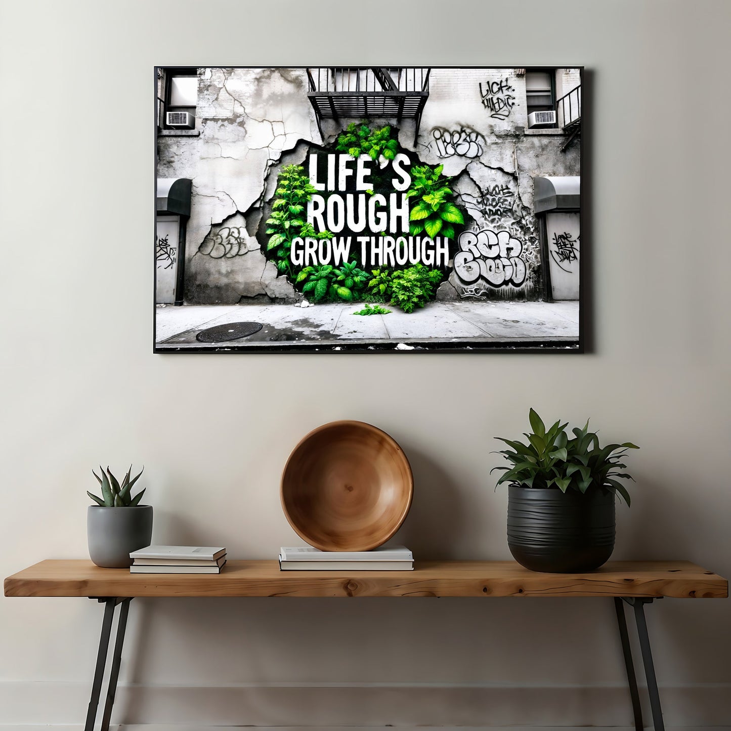 Life’s Rough, Grow Through - Arts To GloryLife’s Rough, Grow ThroughDigital Wall ArtArts To GloryVivid green accents growing through urban wall cracks with graffiti background, 100x70cm.