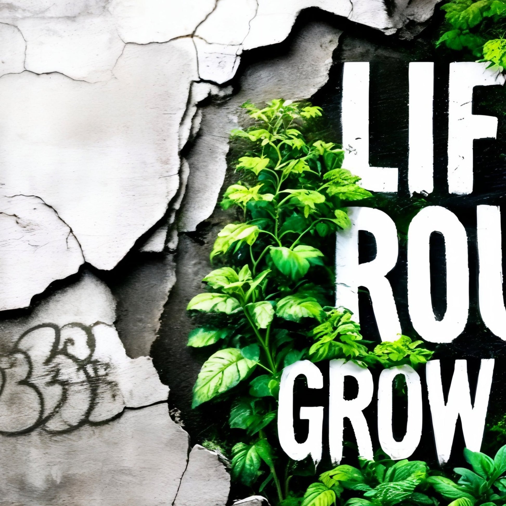 Life’s Rough, Grow Through - Arts To GloryLife’s Rough, Grow ThroughDigital Wall ArtArts To GloryClose - up of lush foliage and cracked urban wall with motivational text, 100x70cm.