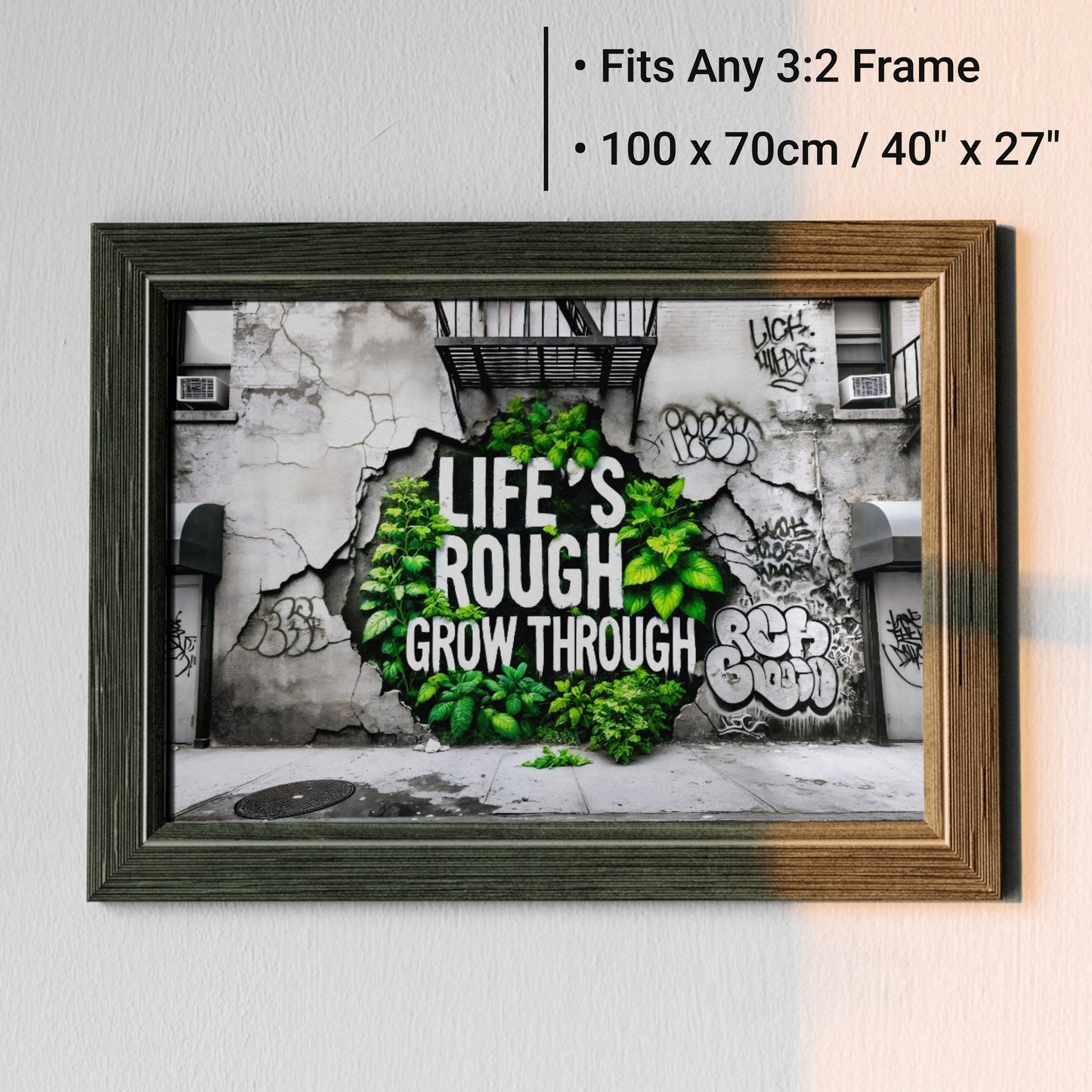 Life’s Rough, Grow Through - Arts To GloryLife’s Rough, Grow ThroughDigital Wall ArtArts To GloryMotivational digital art of urban textures and greenery with the quote “Life’s Rough, Grow Through,” 100x70cm.