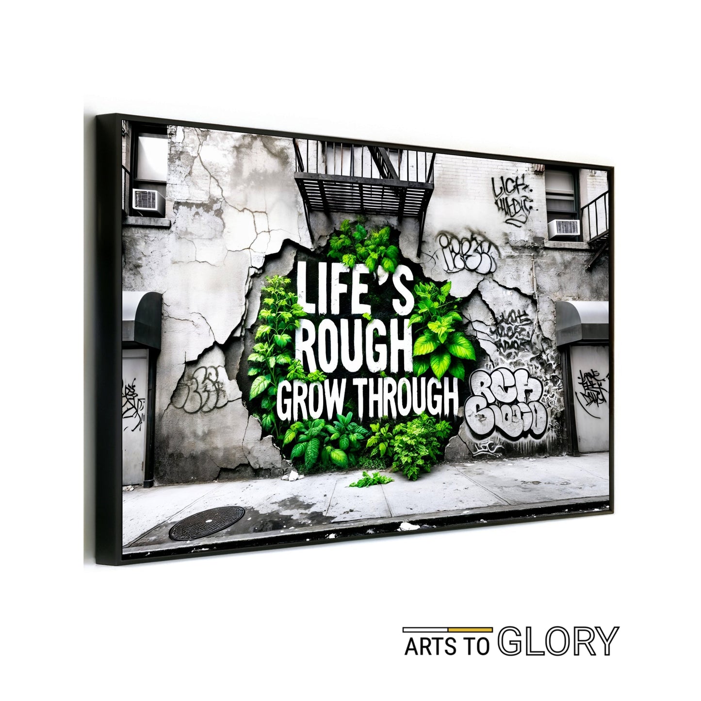 Life’s Rough, Grow Through - Arts To GloryLife’s Rough, Grow ThroughDigital Wall ArtArts To GloryUrban wall art featuring cracked concrete and lush green plants with the quote “Life’s Rough, Grow Through,” 100x70cm.