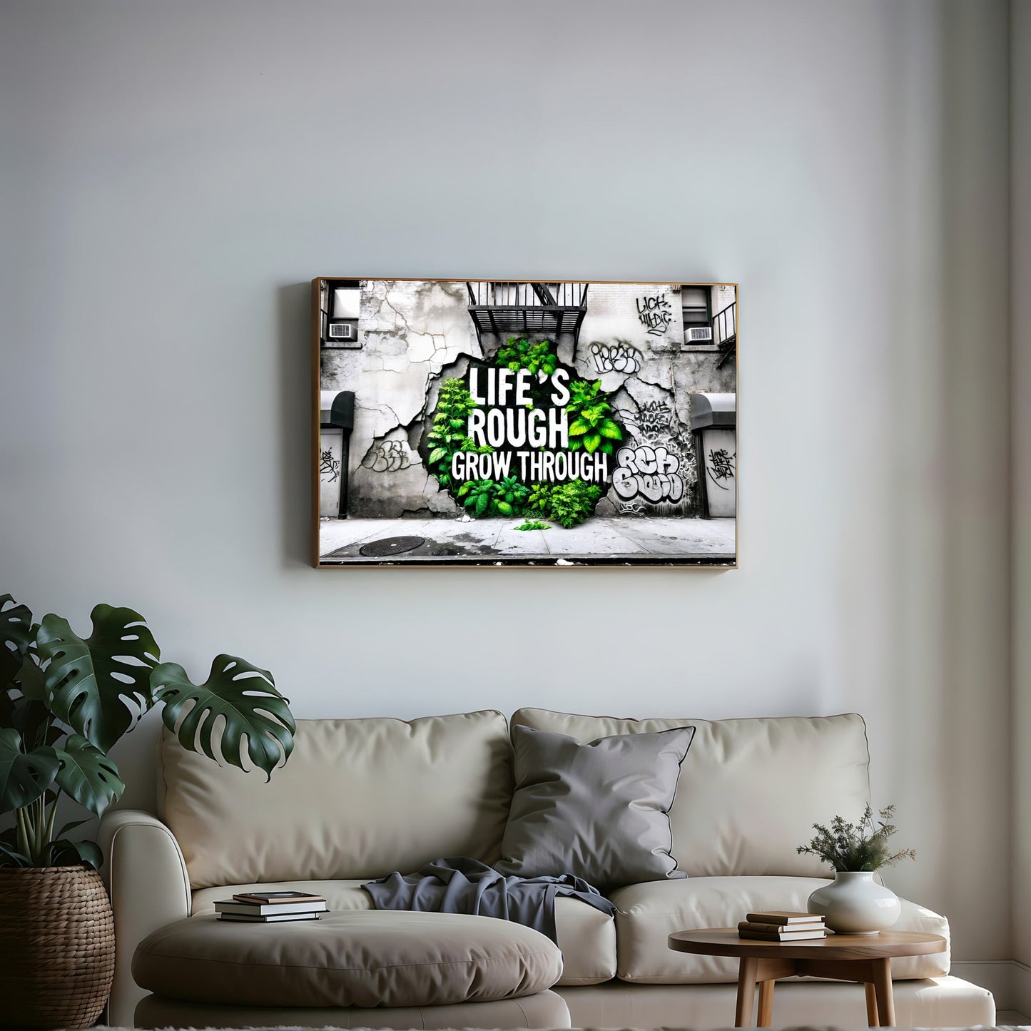 Life’s Rough, Grow Through - Arts To GloryLife’s Rough, Grow ThroughDigital Wall ArtArts To GloryDigital artwork of cracked urban wall with vibrant greenery and bold text, “Life’s Rough, Grow Through,” 100x70cm.