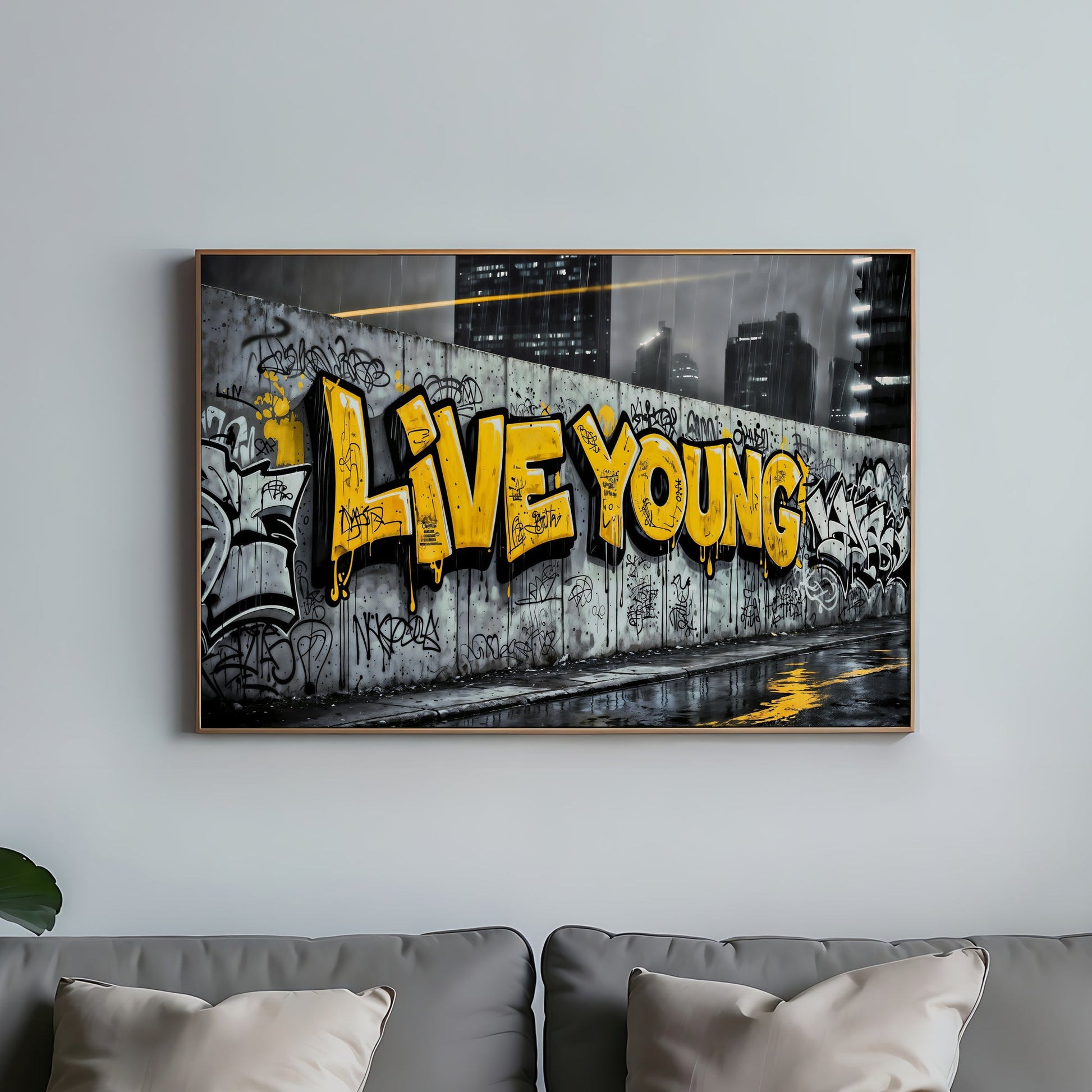 Live Young Graffiti | Bold Urban Wall Art | Street Art Digital Print | Yellow Accent | Modern Urban Décor | 100 x 70 cm - Arts To GloryLive Young Graffiti | Bold Urban Wall Art | Street Art Digital Print | Yellow Accent | Modern Urban Décor | 100 x 70 cmTextual NarrativesArts To GloryModern wall art displayed in a bright living space, featuring bold graffiti - style text against an urban cityscape, perfect for contemporary décor, 100x70cm.